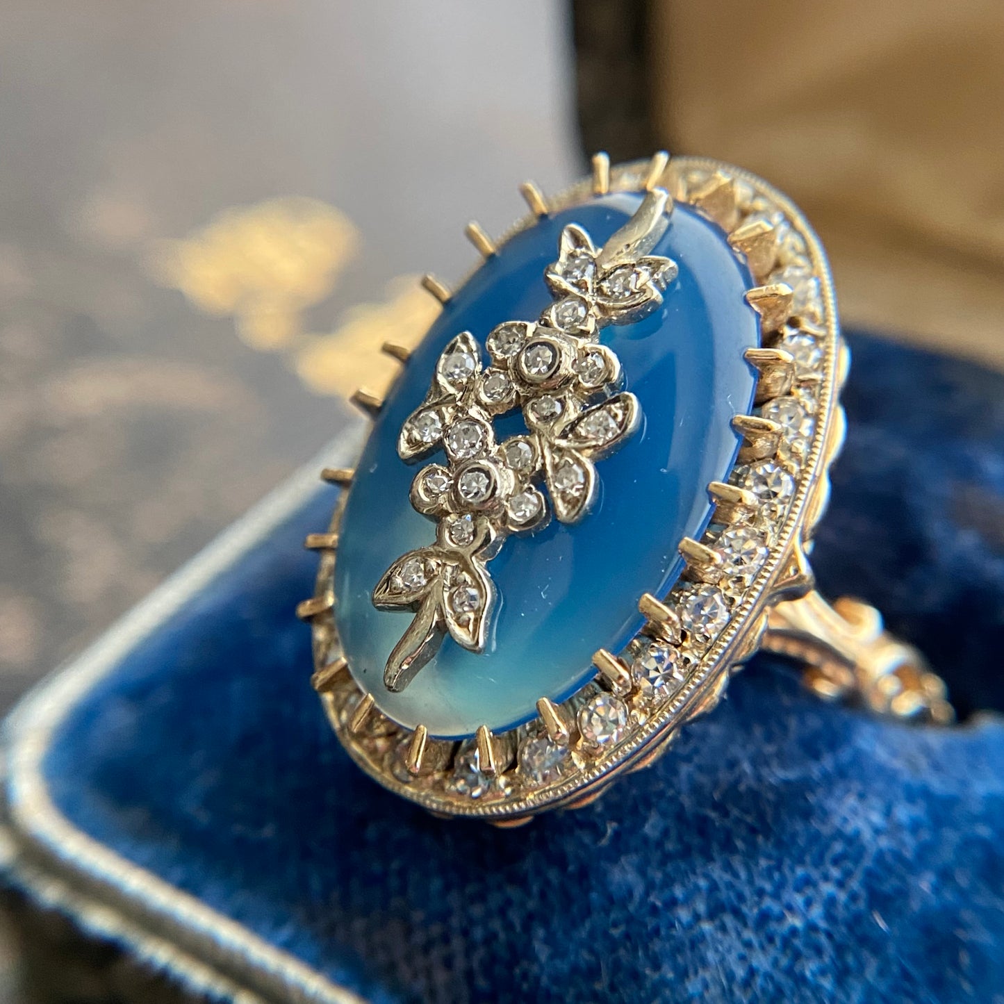 Estate 14k Gold Blue Chalcedony Diamond Floral Georgian Revival Ring