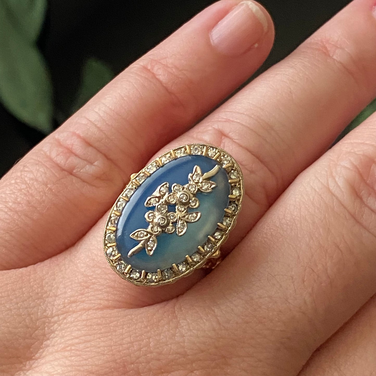 Estate 14k Gold Blue Chalcedony Diamond Floral Georgian Revival Ring