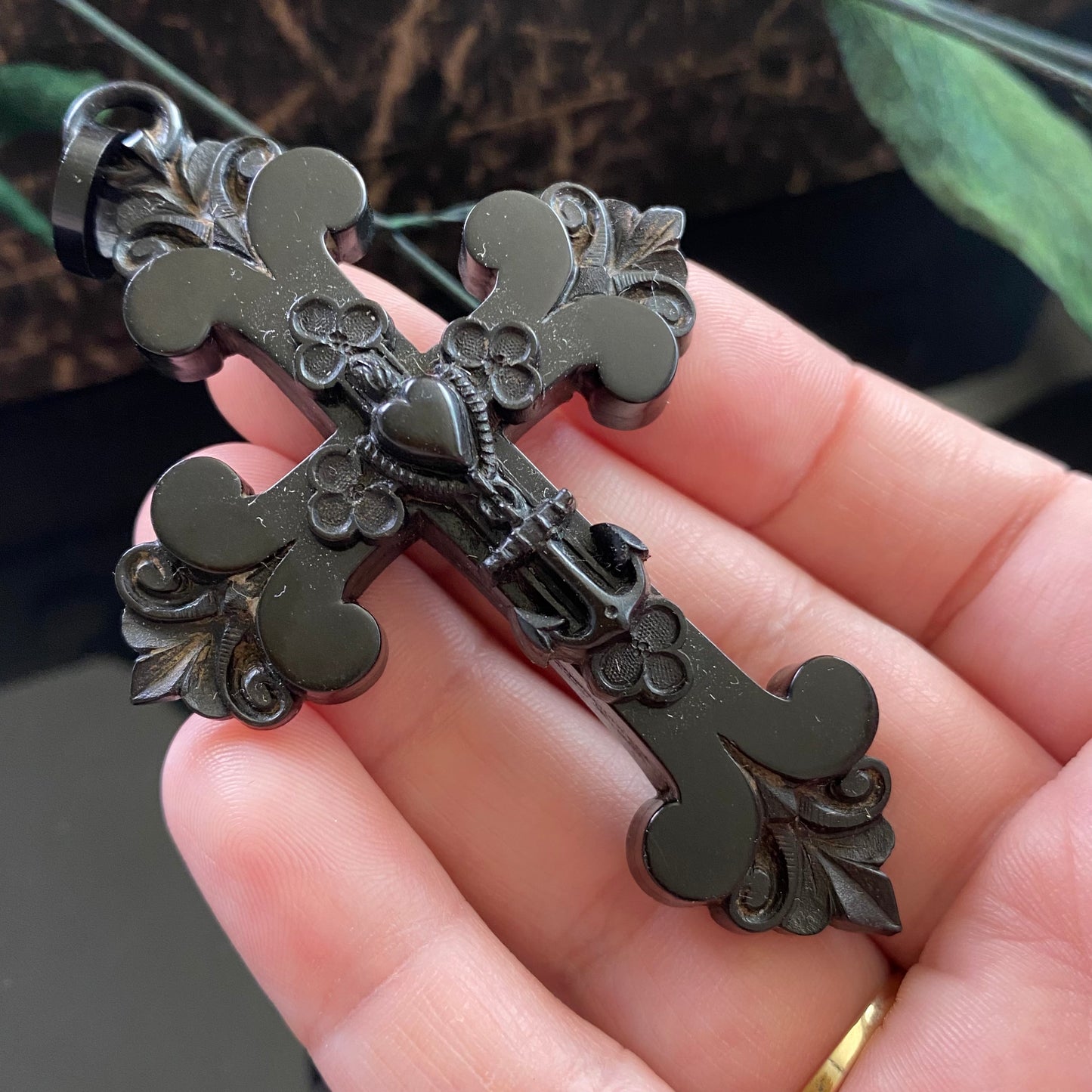 Victorian Faith, Hope & Charity Vulcanite Mourning Cross Pendant