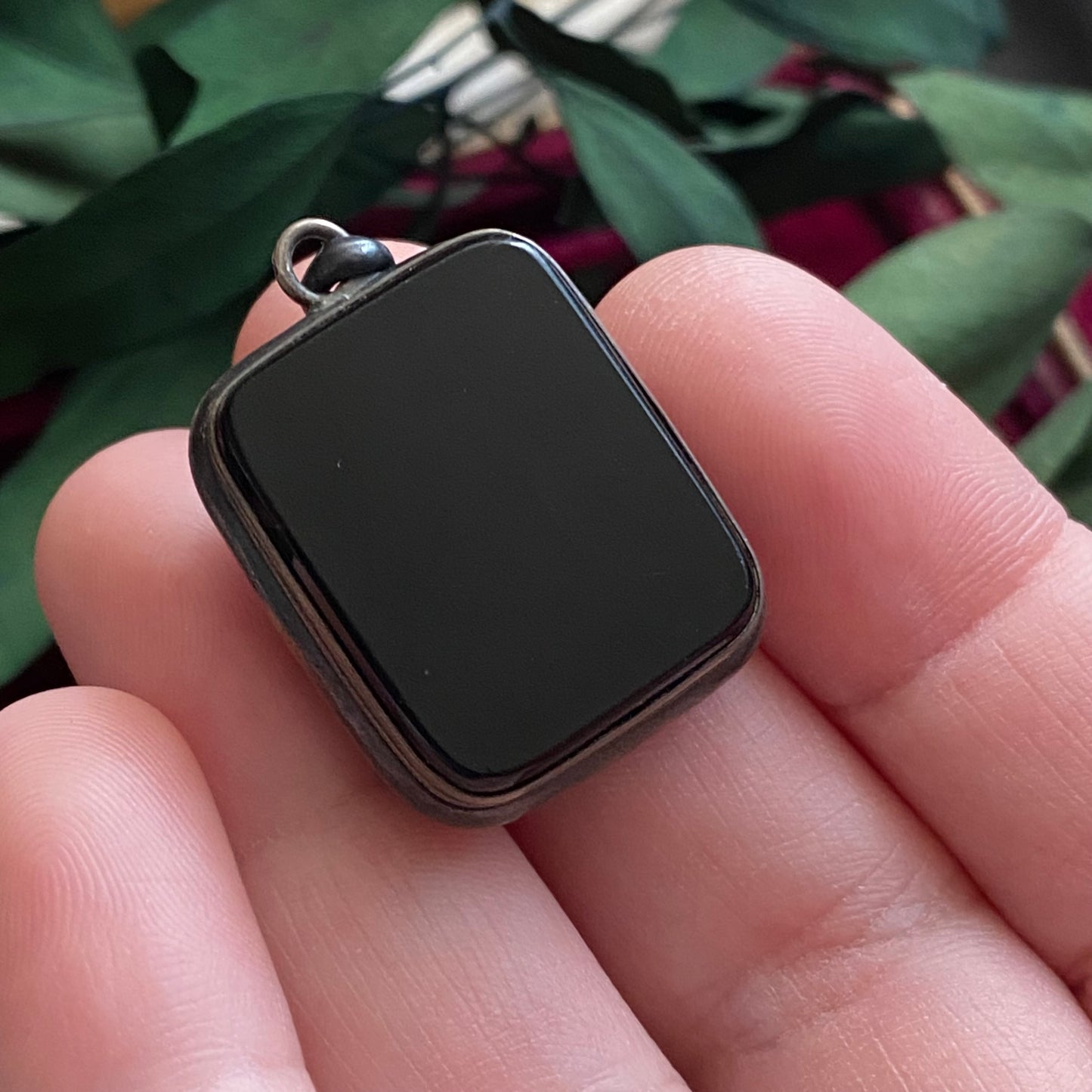 Antique Victorian Sterling Silver French Jet Glass Rectangular Mourning Locket