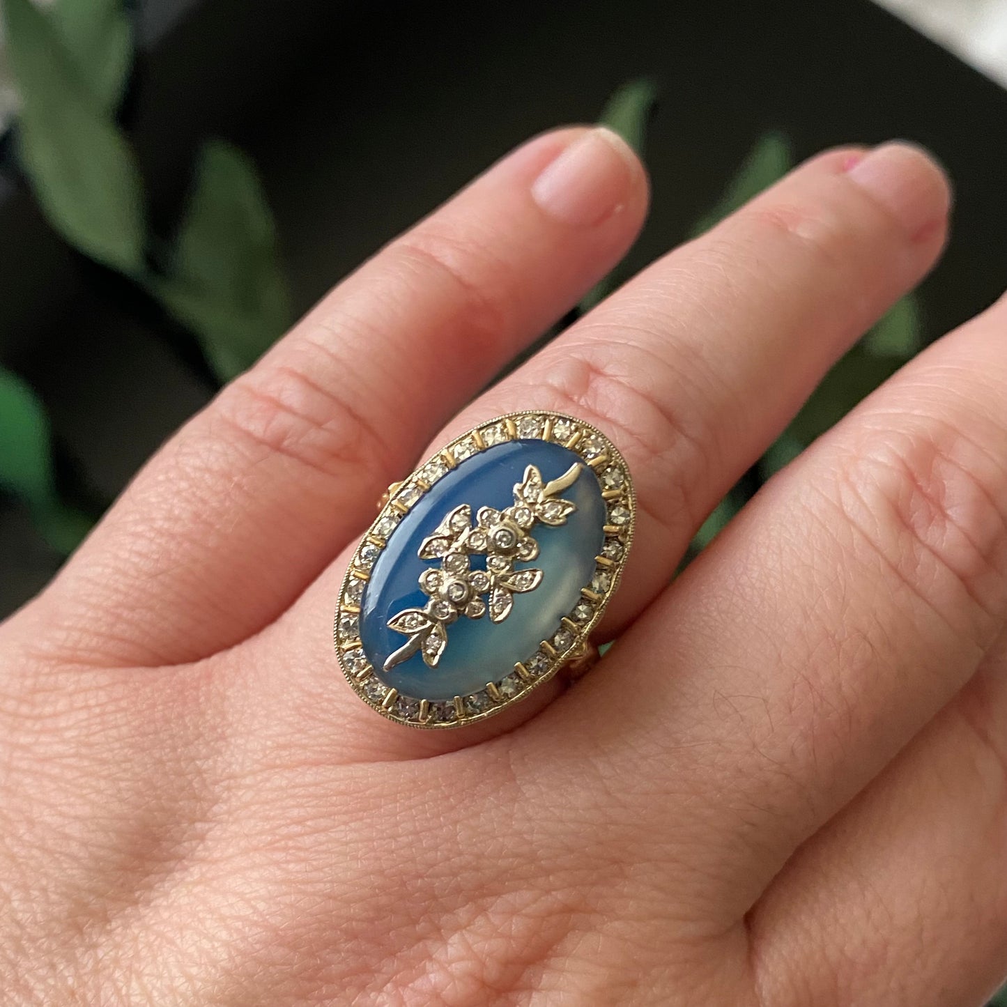 Estate 14k Gold Blue Chalcedony Diamond Floral Georgian Revival Ring
