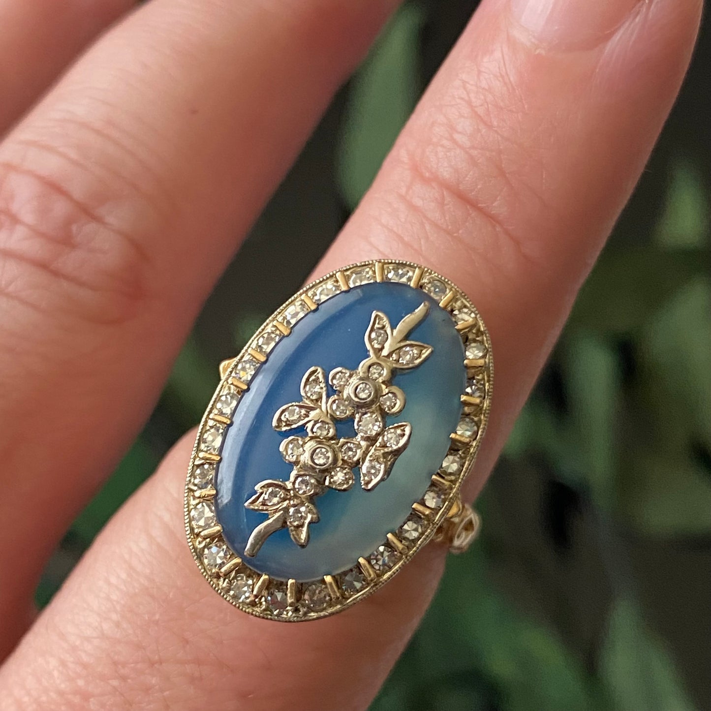 Estate 14k Gold Blue Chalcedony Diamond Floral Georgian Revival Ring