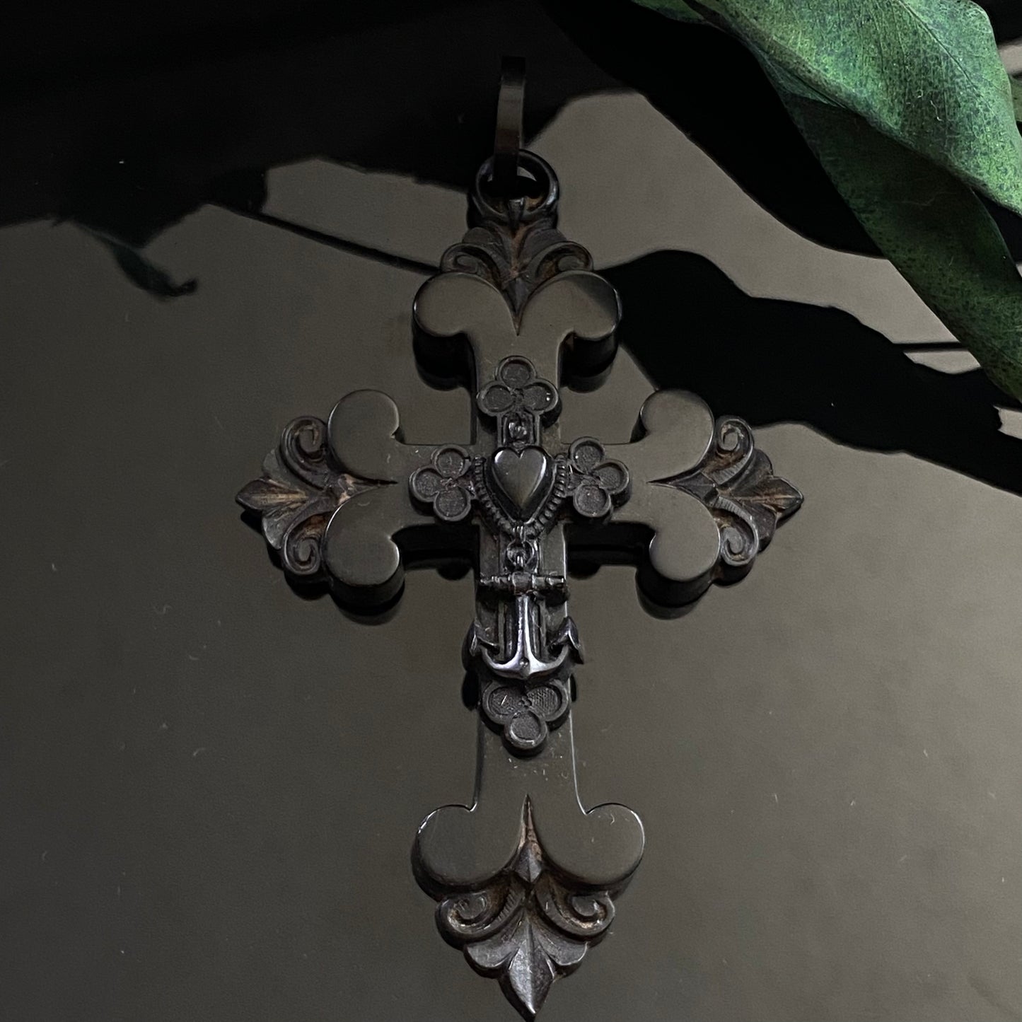 Victorian Faith, Hope & Charity Vulcanite Mourning Cross Pendant