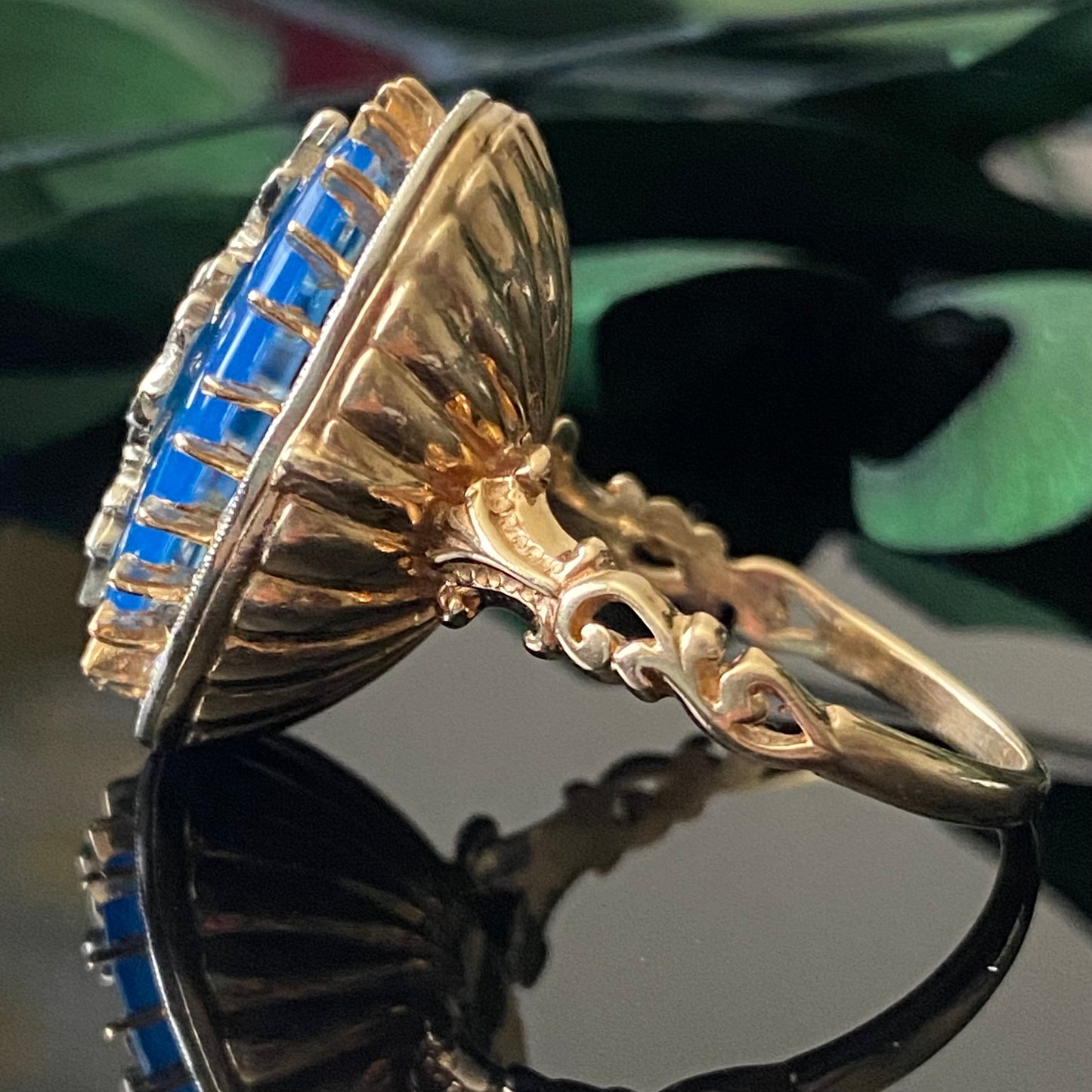 Estate 14k Gold Blue Chalcedony Diamond Floral Georgian Revival Ring