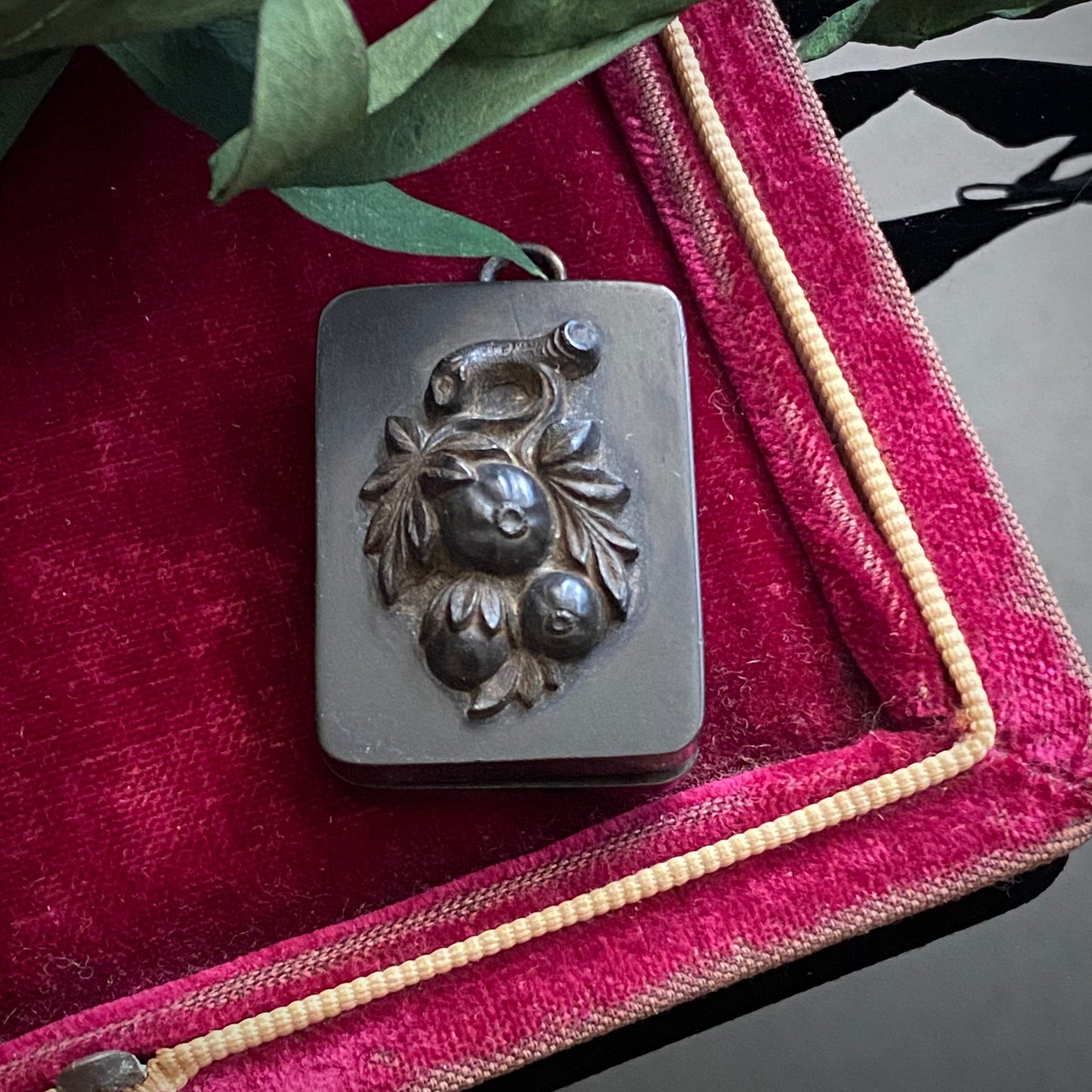 Antique Victorian Vulcanite Rectangular Pomegranate Mourning Locket