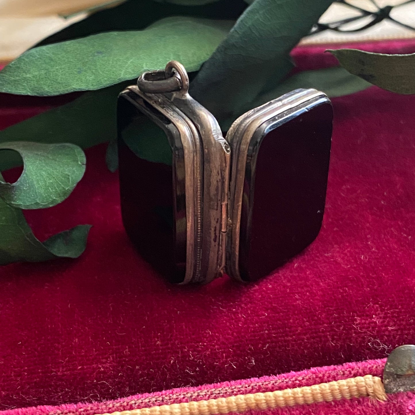 Antique Victorian Sterling Silver French Jet Glass Rectangular Mourning Locket