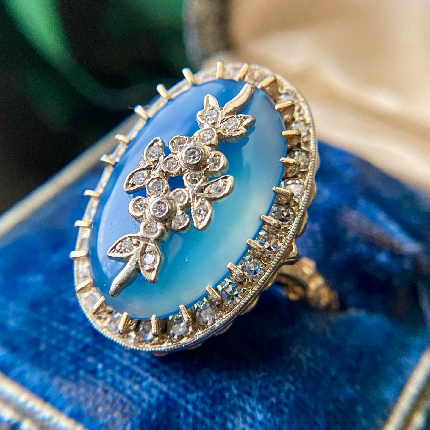 Estate 14k Gold Blue Chalcedony Diamond Floral Georgian Revival Ring
