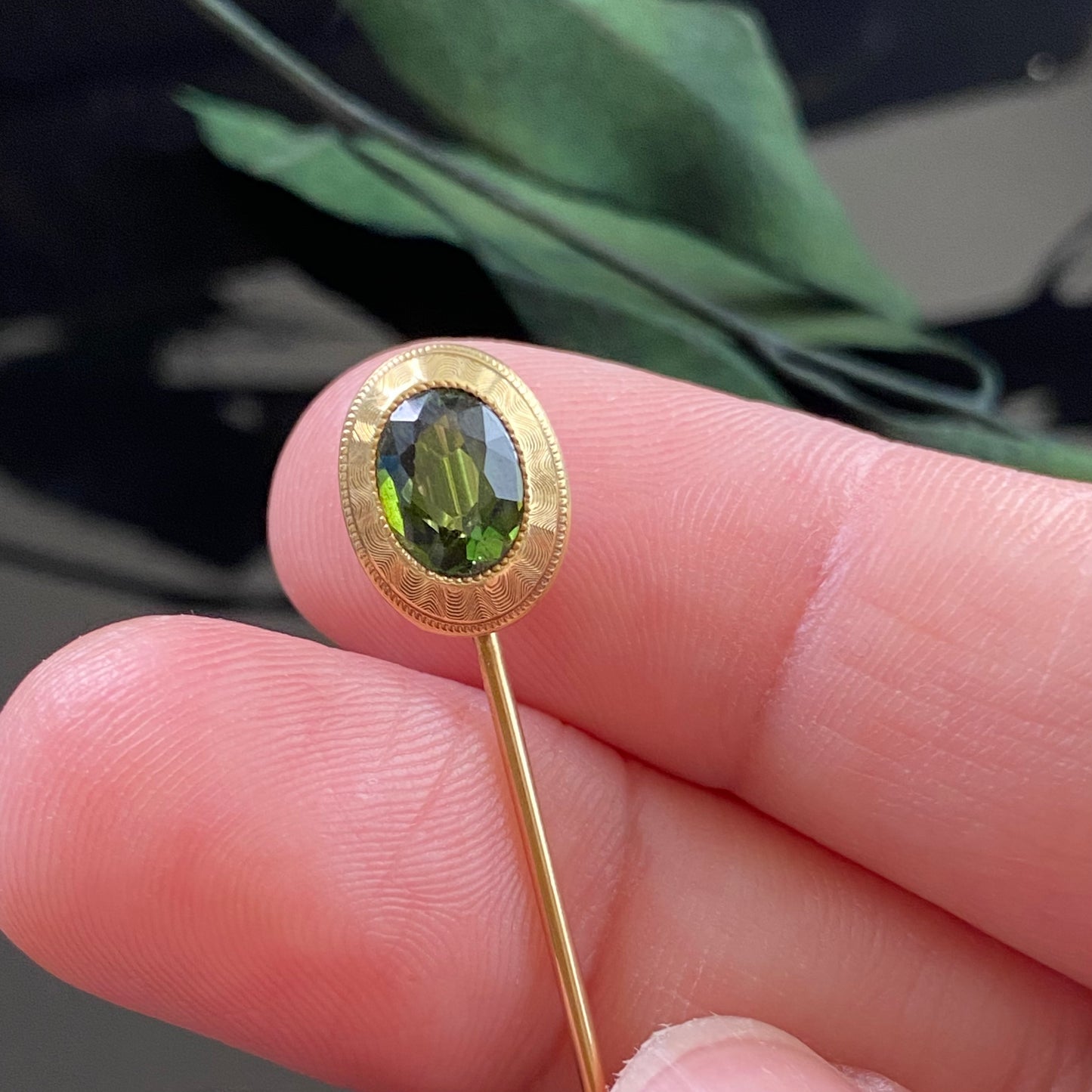 Art Deco 14k Gold Green Tourmaline Stick Pin