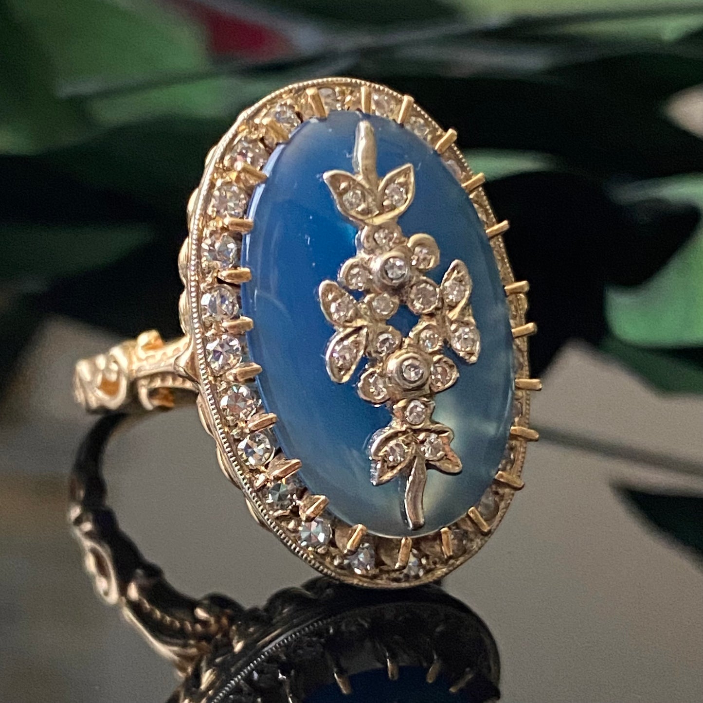 Estate 14k Gold Blue Chalcedony Diamond Floral Georgian Revival Ring