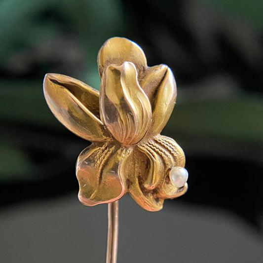 Antique 10k Gold Art Nouveau Pearl Flower Stick Pin