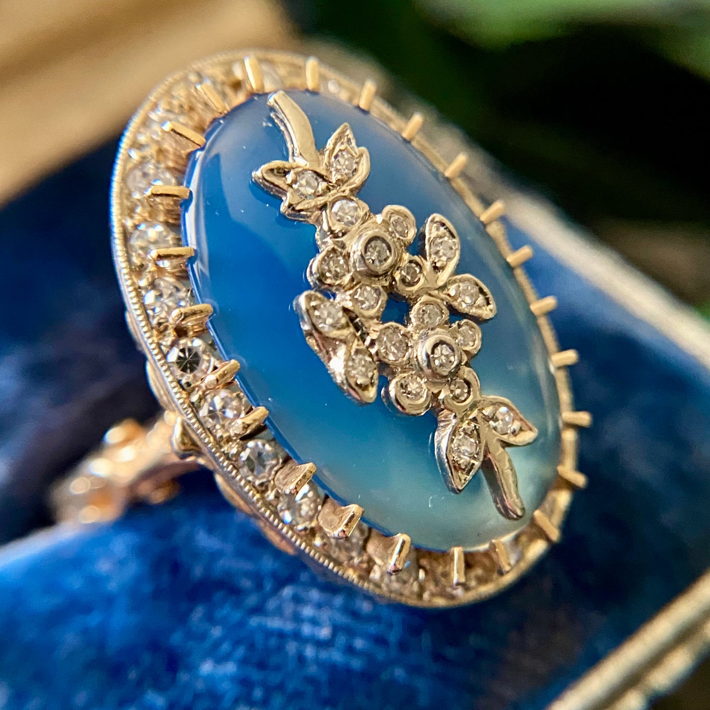 Estate 14k Gold Blue Chalcedony Diamond Floral Georgian Revival Ring
