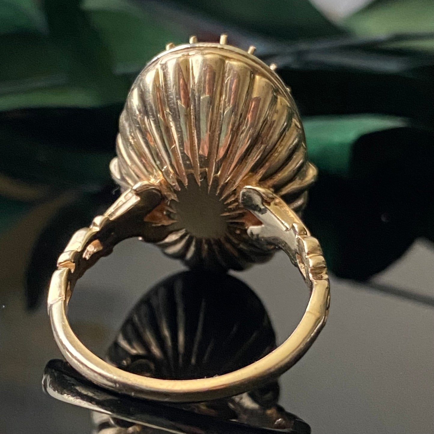 Estate 14k Gold Blue Chalcedony Diamond Floral Georgian Revival Ring