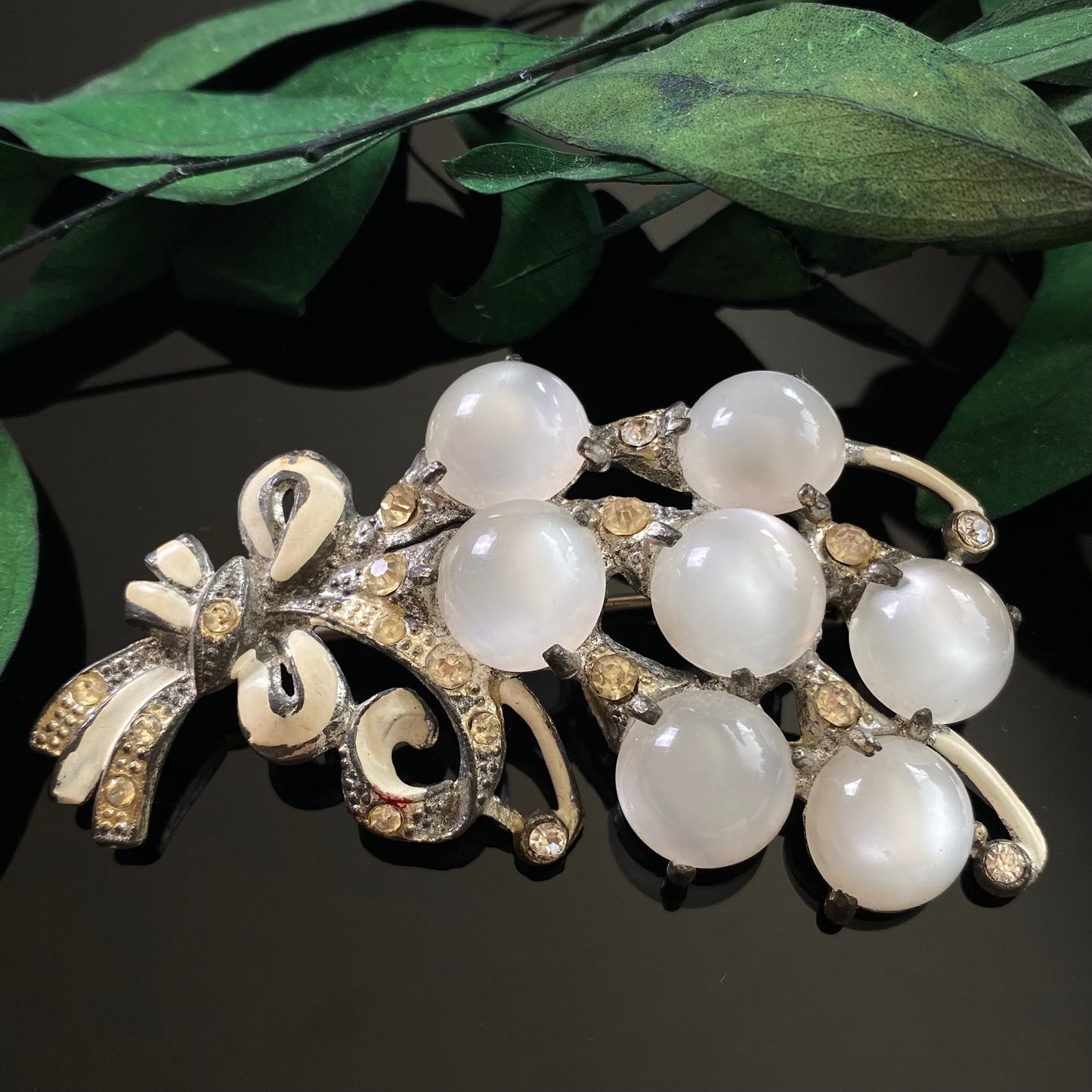 Retro Vintage 1940s Pot Metal White Enamel Rhinestone Lucite Moonglow Bouquet Spray Brooch