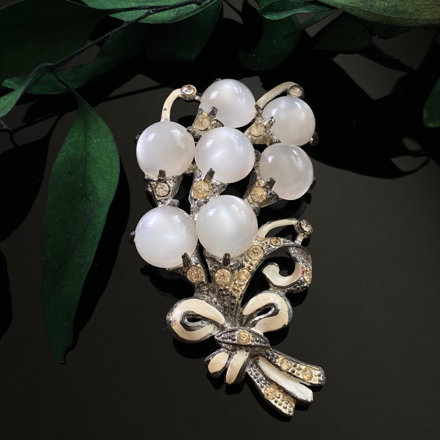 Retro Vintage 1940s Pot Metal White Enamel Rhinestone Lucite Moonglow Bouquet Spray Brooch