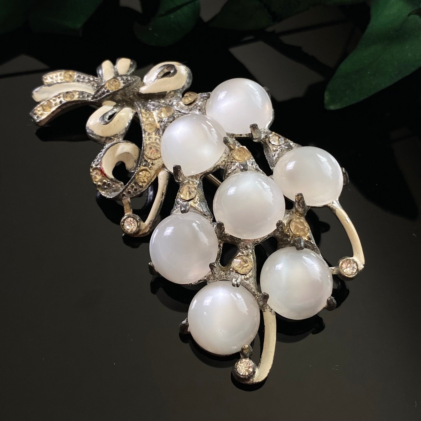 Retro Vintage 1940s Pot Metal White Enamel Rhinestone Lucite Moonglow Bouquet Spray Brooch