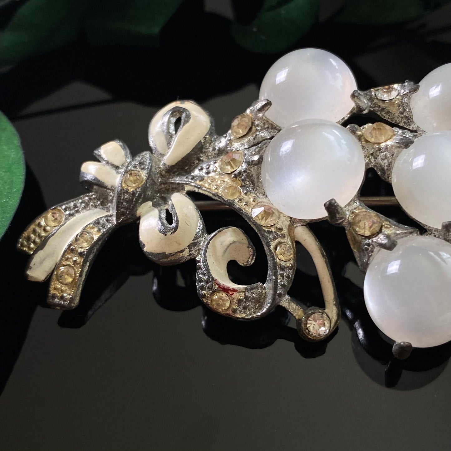 Retro Vintage 1940s Pot Metal White Enamel Rhinestone Lucite Moonglow Bouquet Spray Brooch
