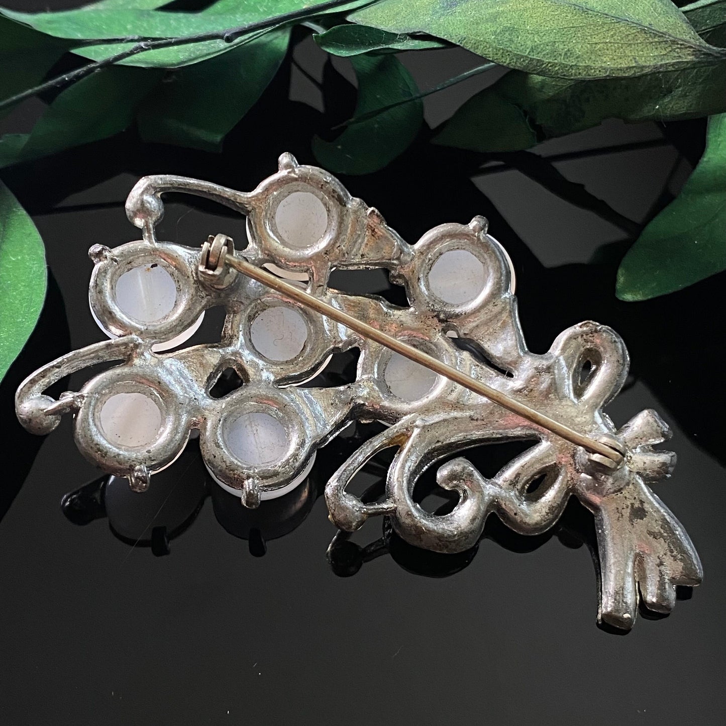 Retro Vintage 1940s Pot Metal White Enamel Rhinestone Lucite Moonglow Bouquet Spray Brooch