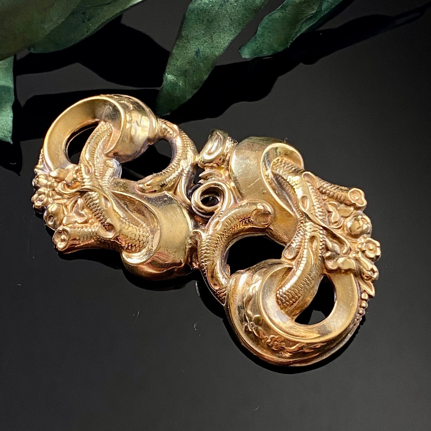 Large Antique Vintage Brass Hollowware Floral Vines Love Motif Brooch