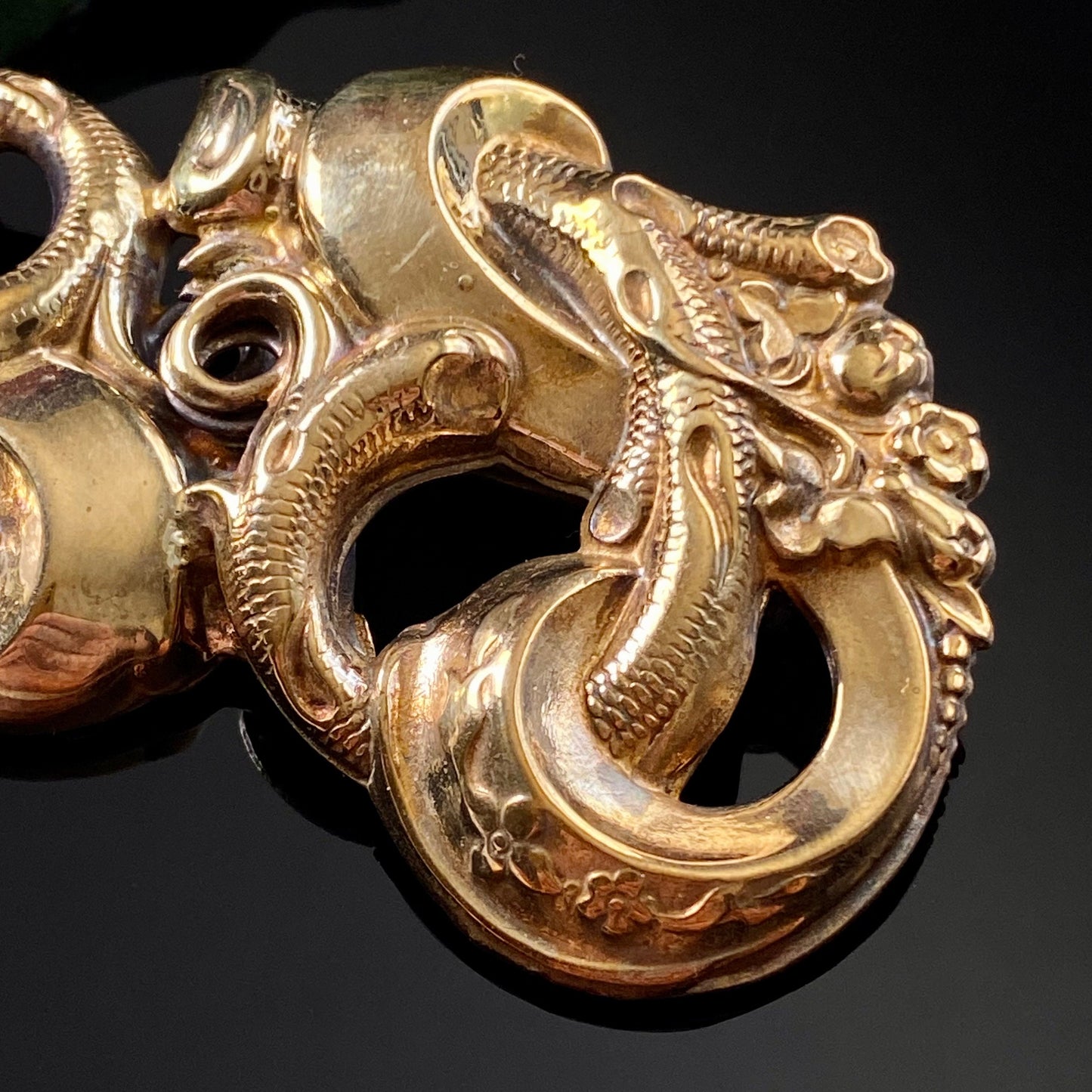 Large Antique Vintage Brass Hollowware Floral Vines Love Motif Brooch