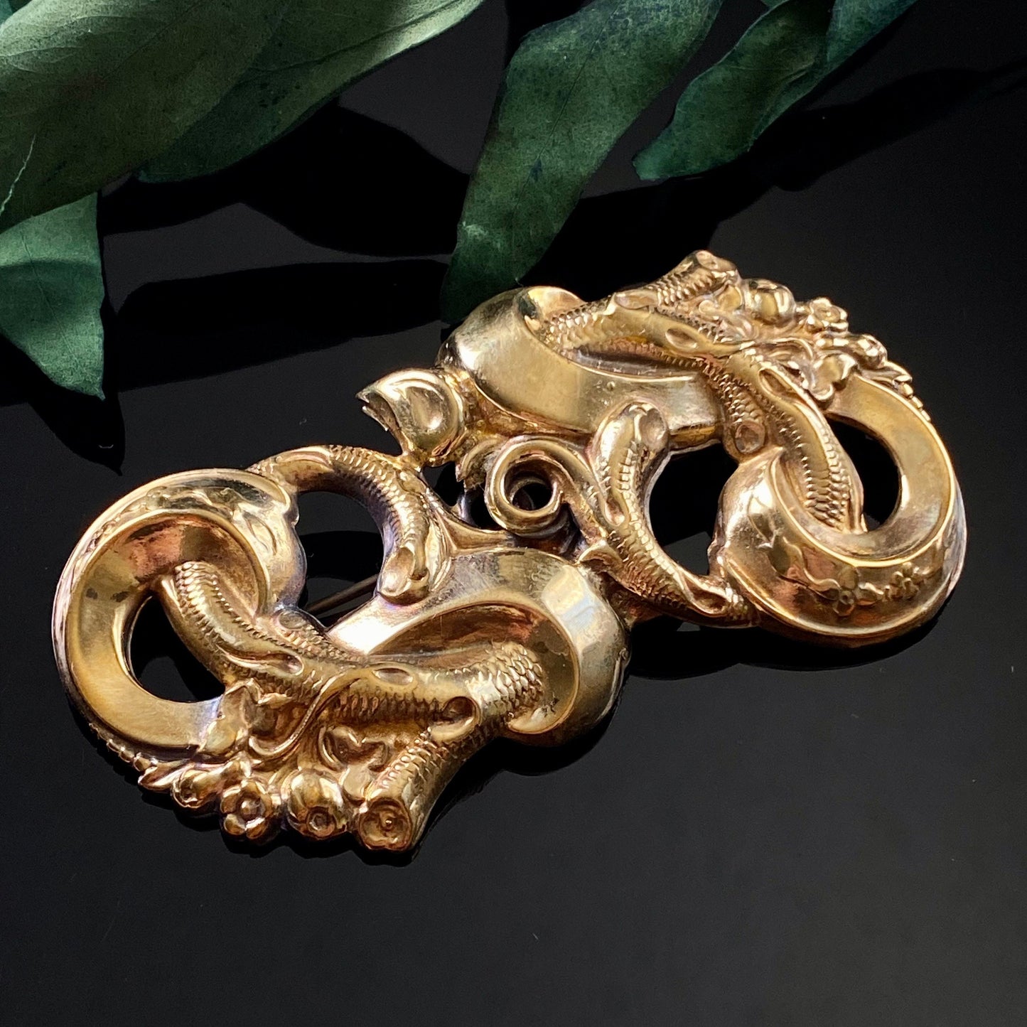 Large Antique Vintage Brass Hollowware Floral Vines Love Motif Brooch