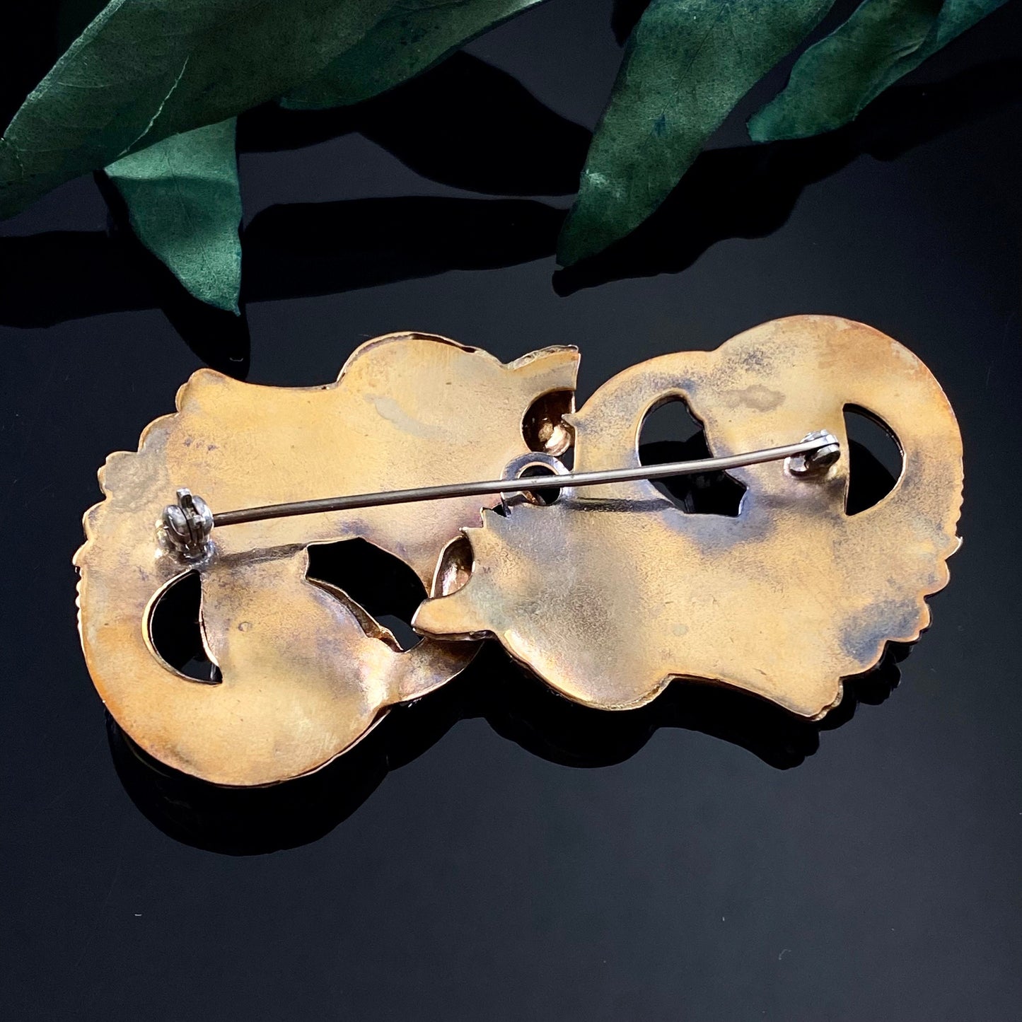 Large Antique Vintage Brass Hollowware Floral Vines Love Motif Brooch