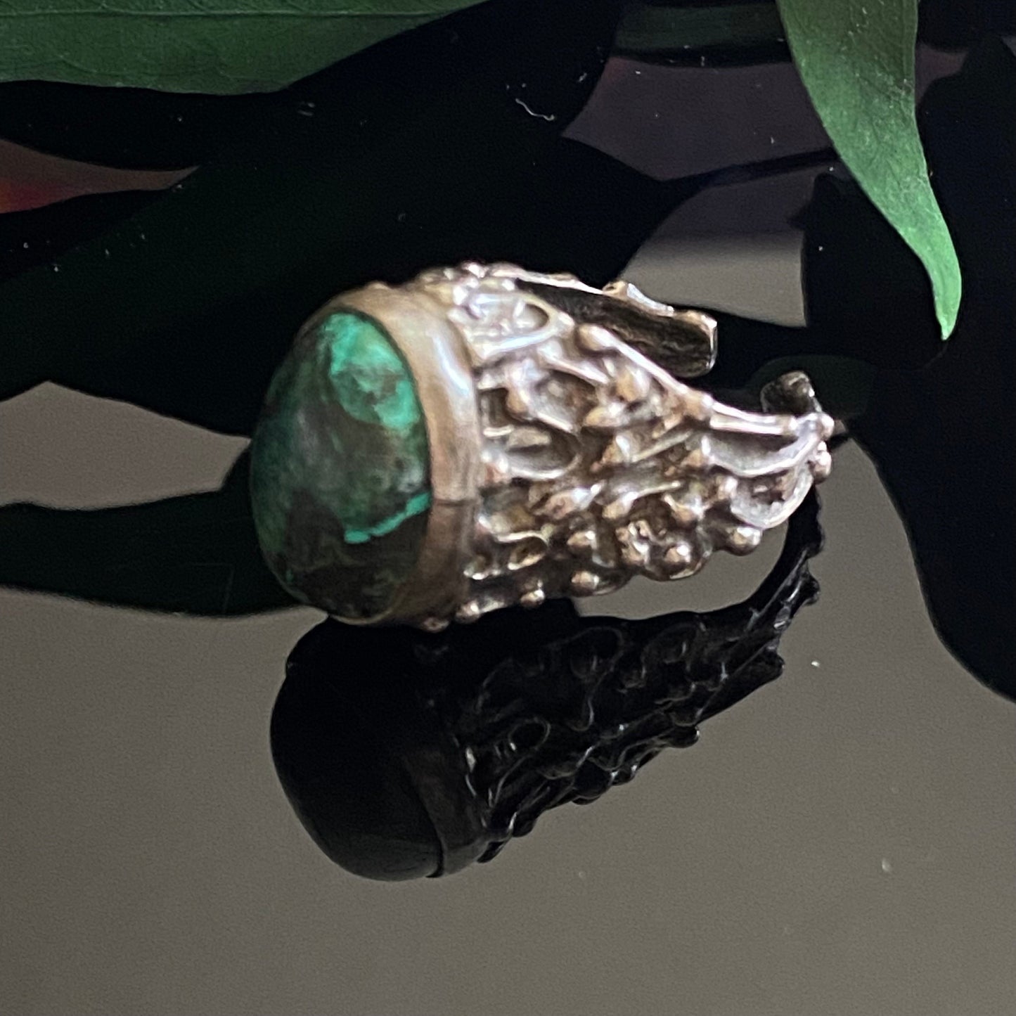 Vintage Brutalist 925 Sterling Silver High Profile Chrysocolla Ring Adjustable