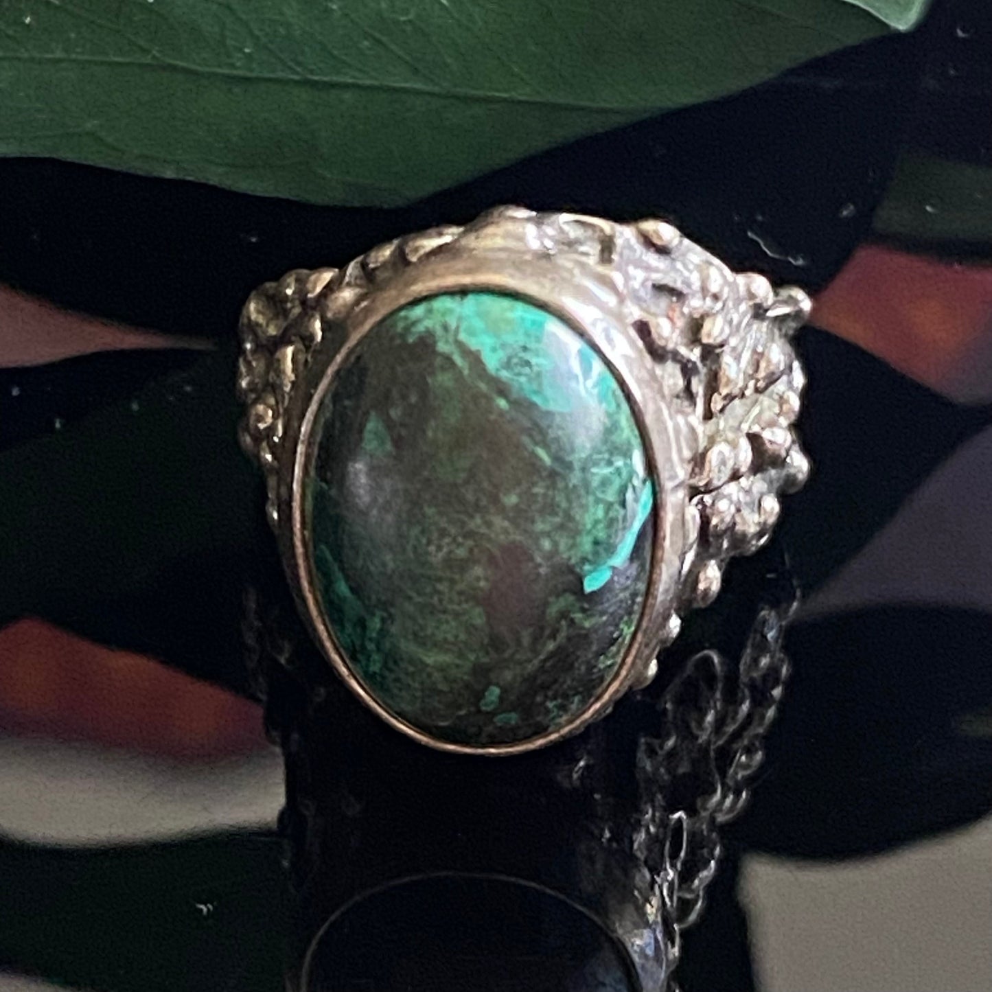 Vintage Brutalist 925 Sterling Silver High Profile Chrysocolla Ring Adjustable