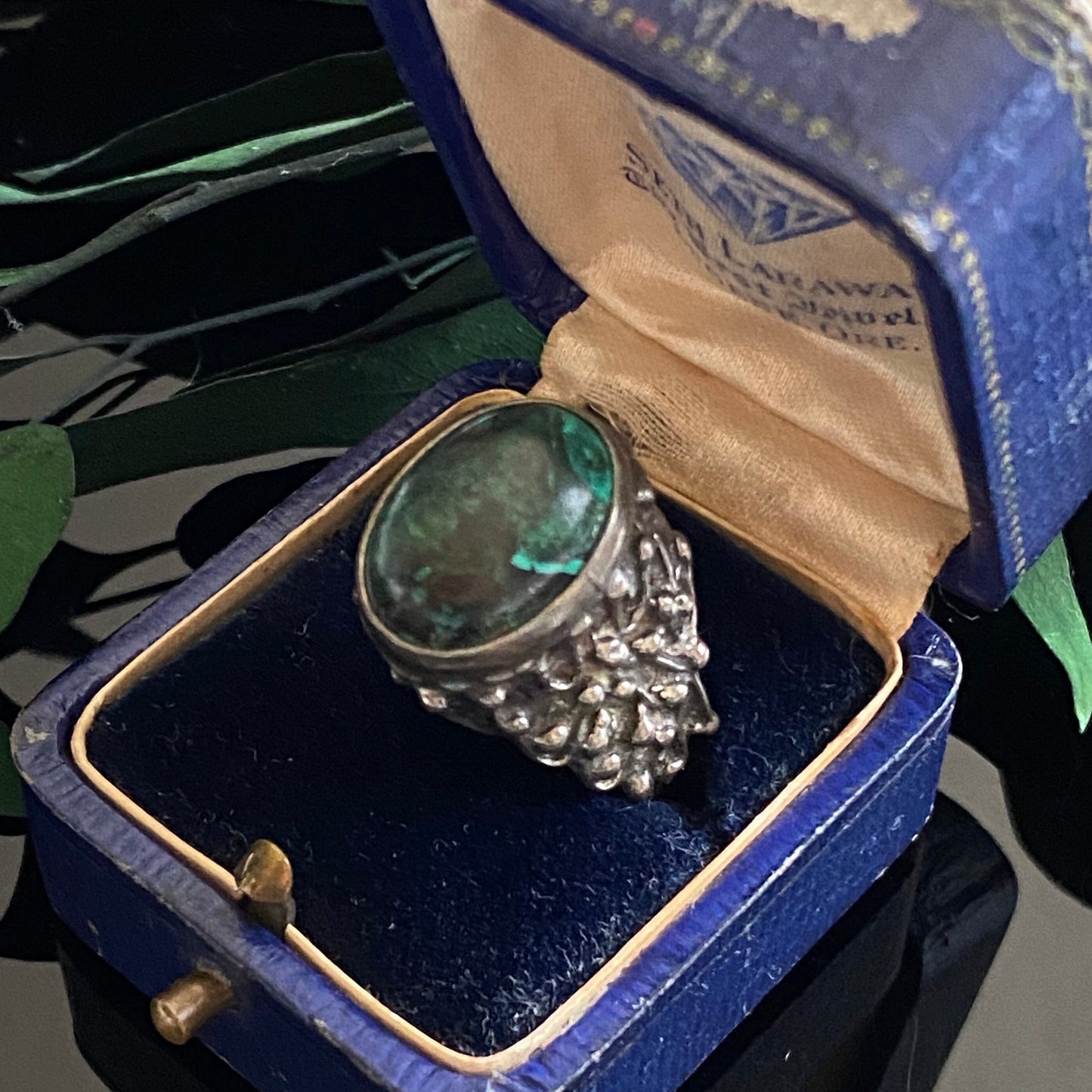 Vintage Brutalist 925 Sterling Silver High Profile Chrysocolla Ring Adjustable