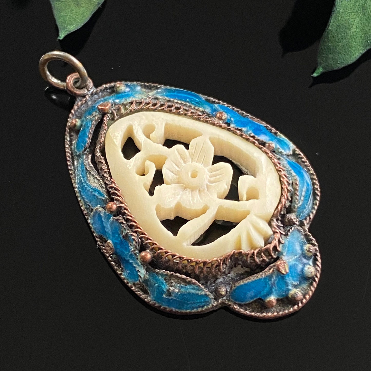 Vintage Chinese Export Carved Bone Flower Blue Cloissone Enamel Pendant