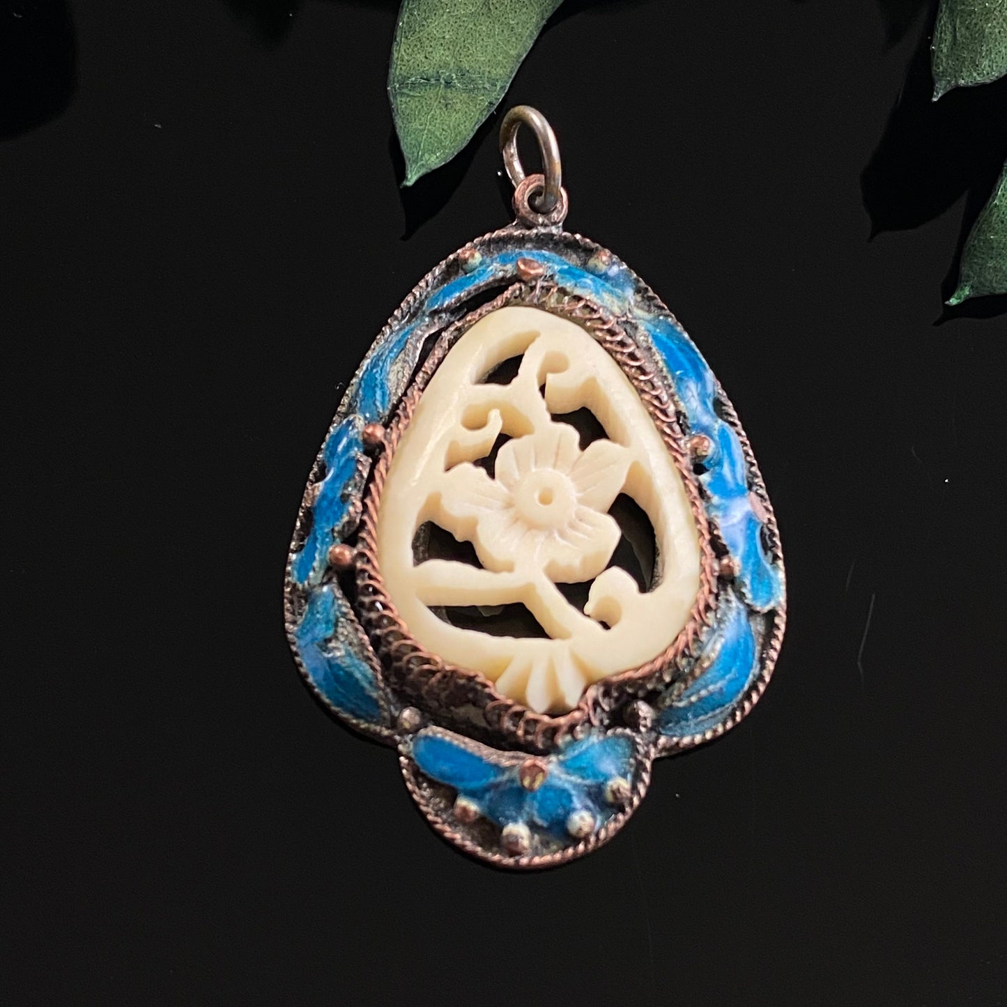 Vintage Chinese Export Carved Bone Flower Blue Cloissone Enamel Pendant