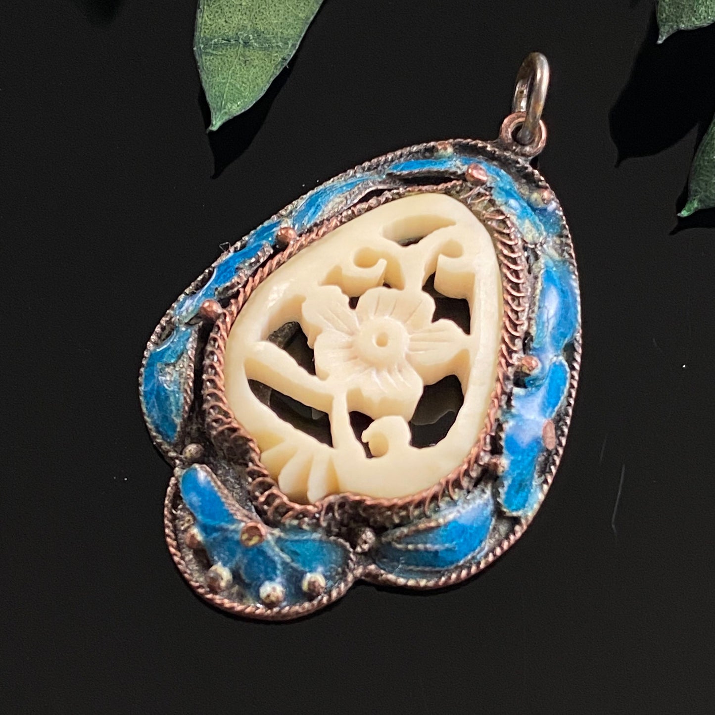 Vintage Chinese Export Carved Bone Flower Blue Cloissone Enamel Pendant