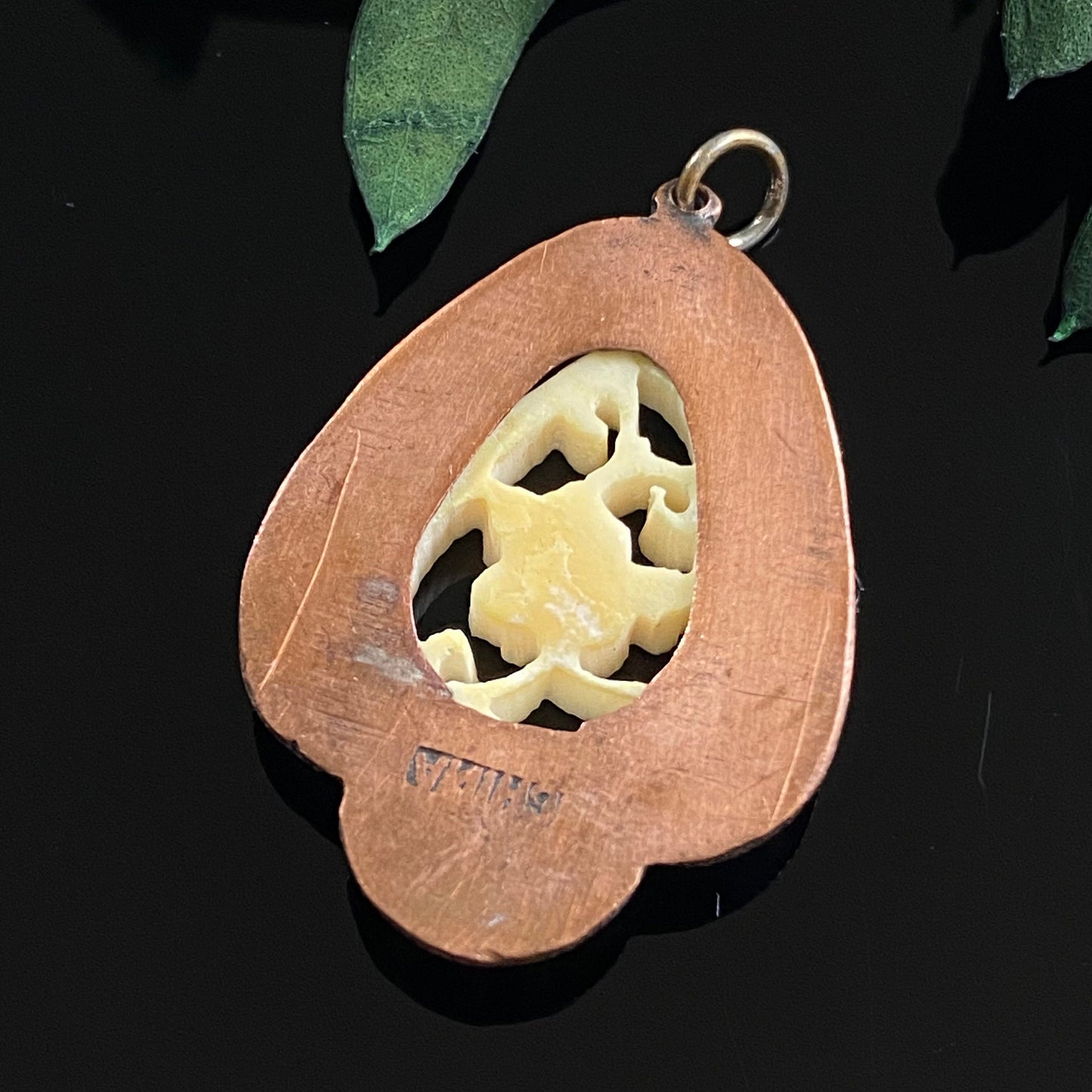 Vintage Chinese Export Carved Bone Flower Blue Cloissone Enamel Pendant