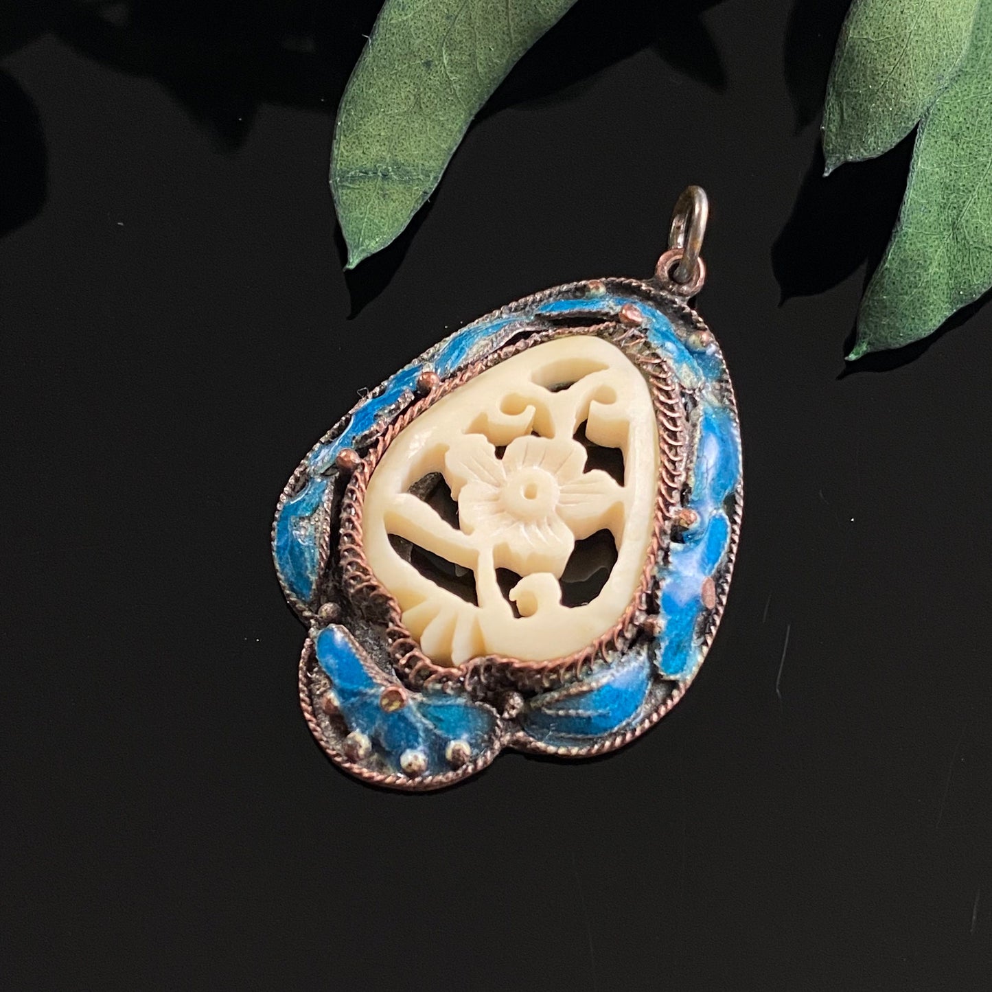 Vintage Chinese Export Carved Bone Flower Blue Cloissone Enamel Pendant