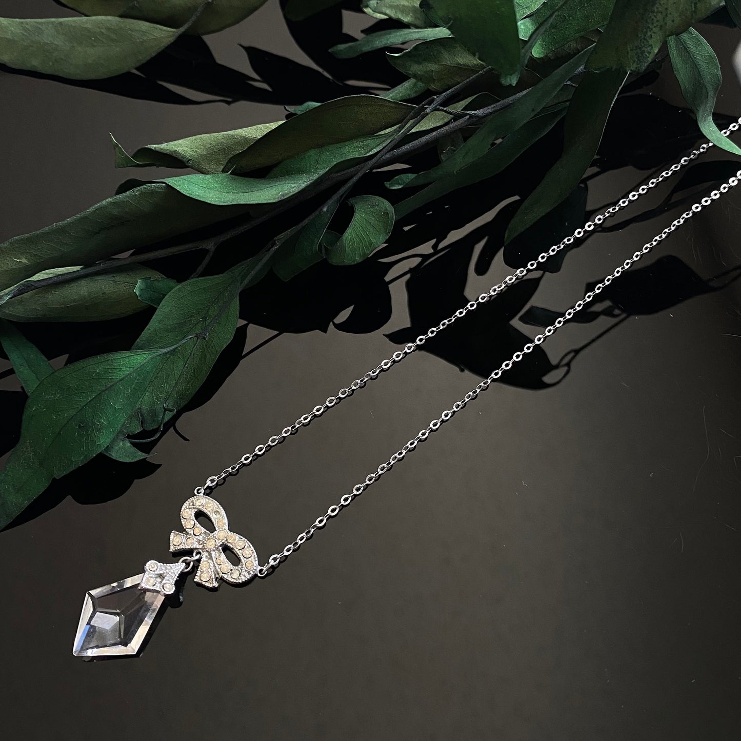 Vintage Rhodium Plated Paste Bow Crystal Necklace