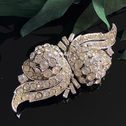 Vintage Round & Baguette Rhinestone Floral Clip Duette Brooch