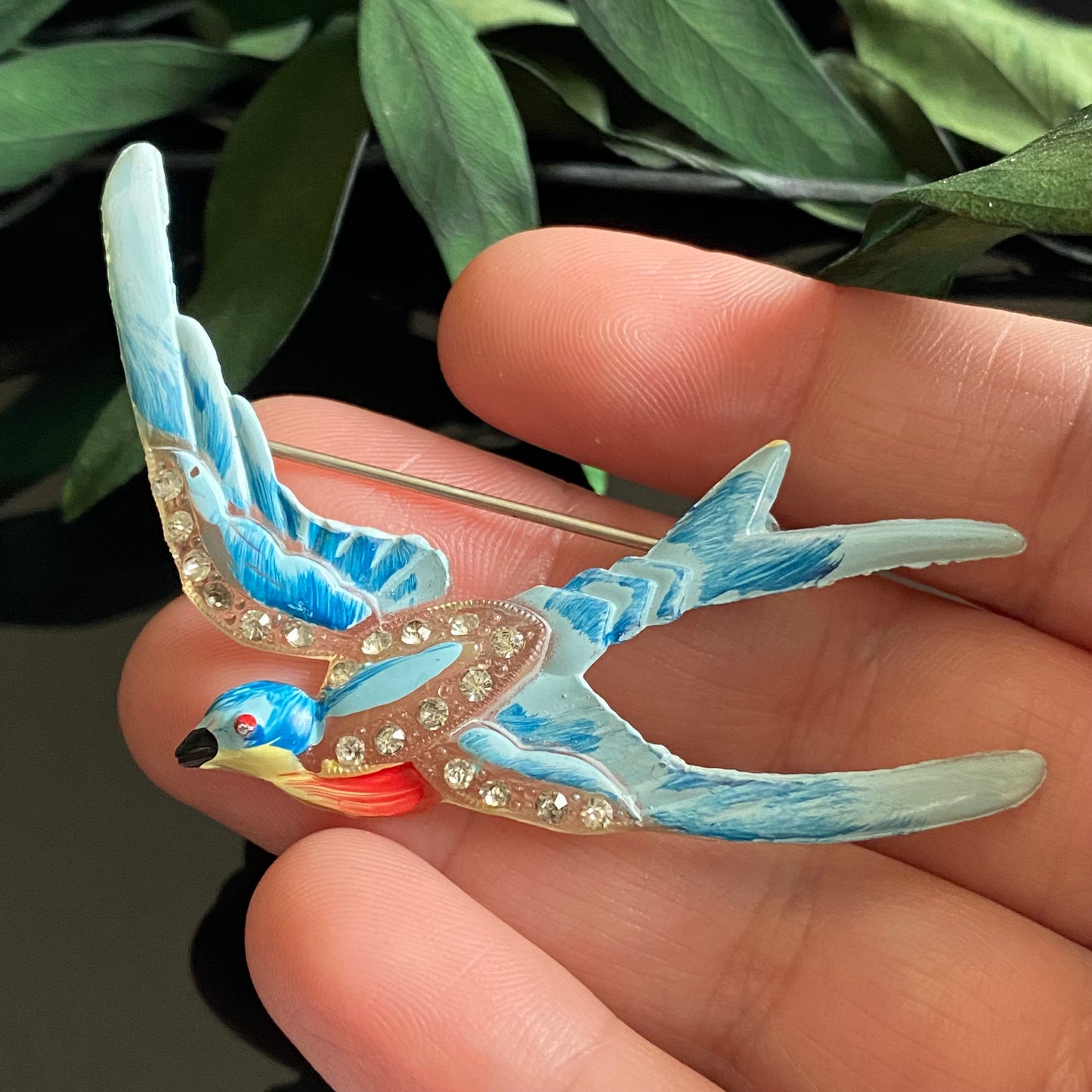 Vintage Celluloid Rhinestone Blue Bird Brooch