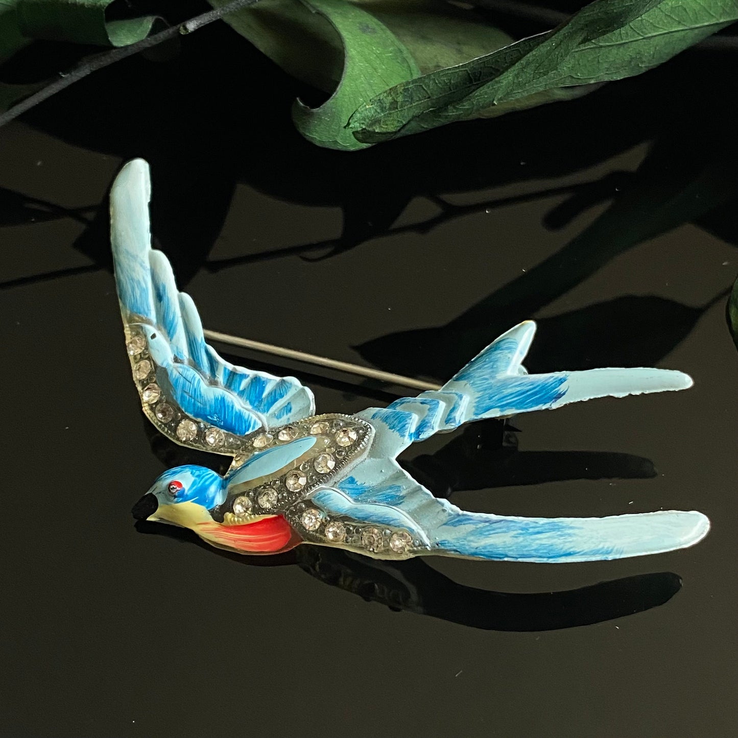 Vintage Celluloid Rhinestone Blue Bird Brooch