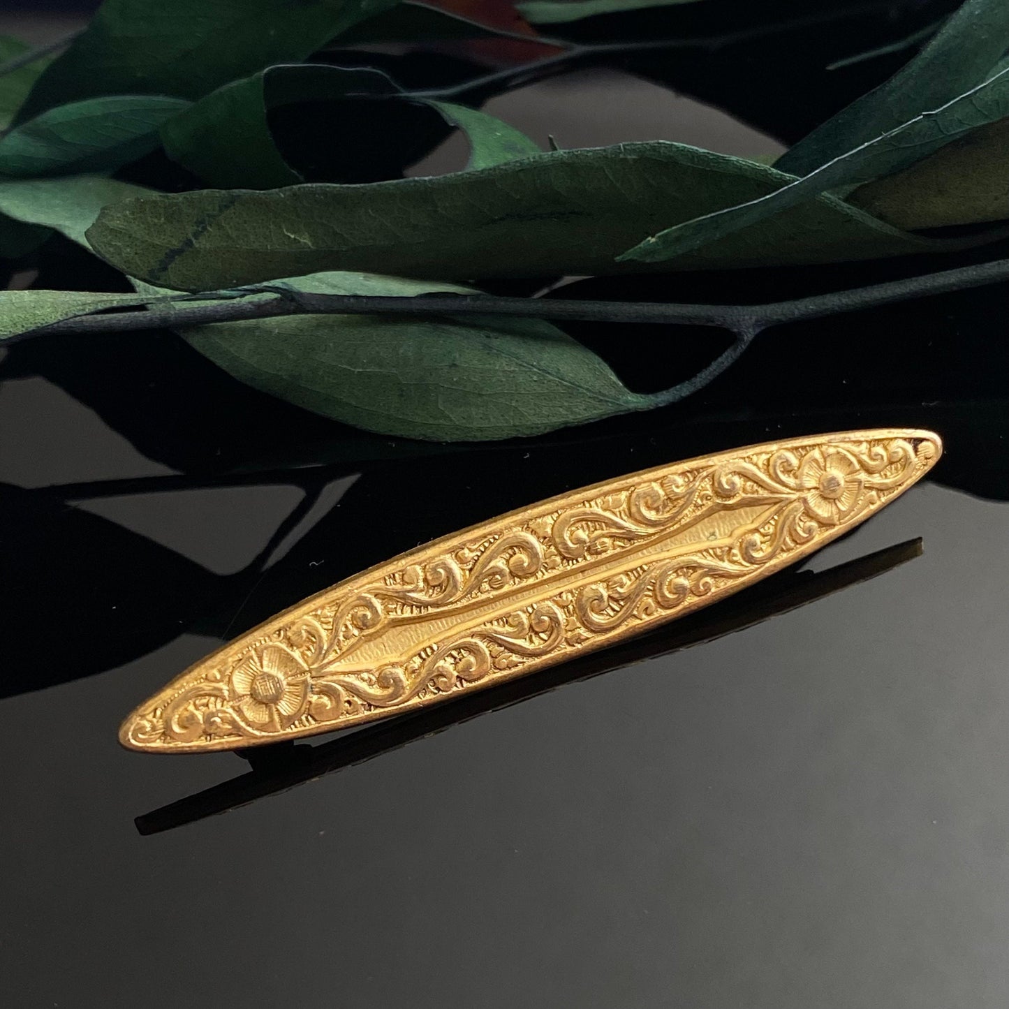 Art Nouveau Gilt Flower Navette Pin Brooch