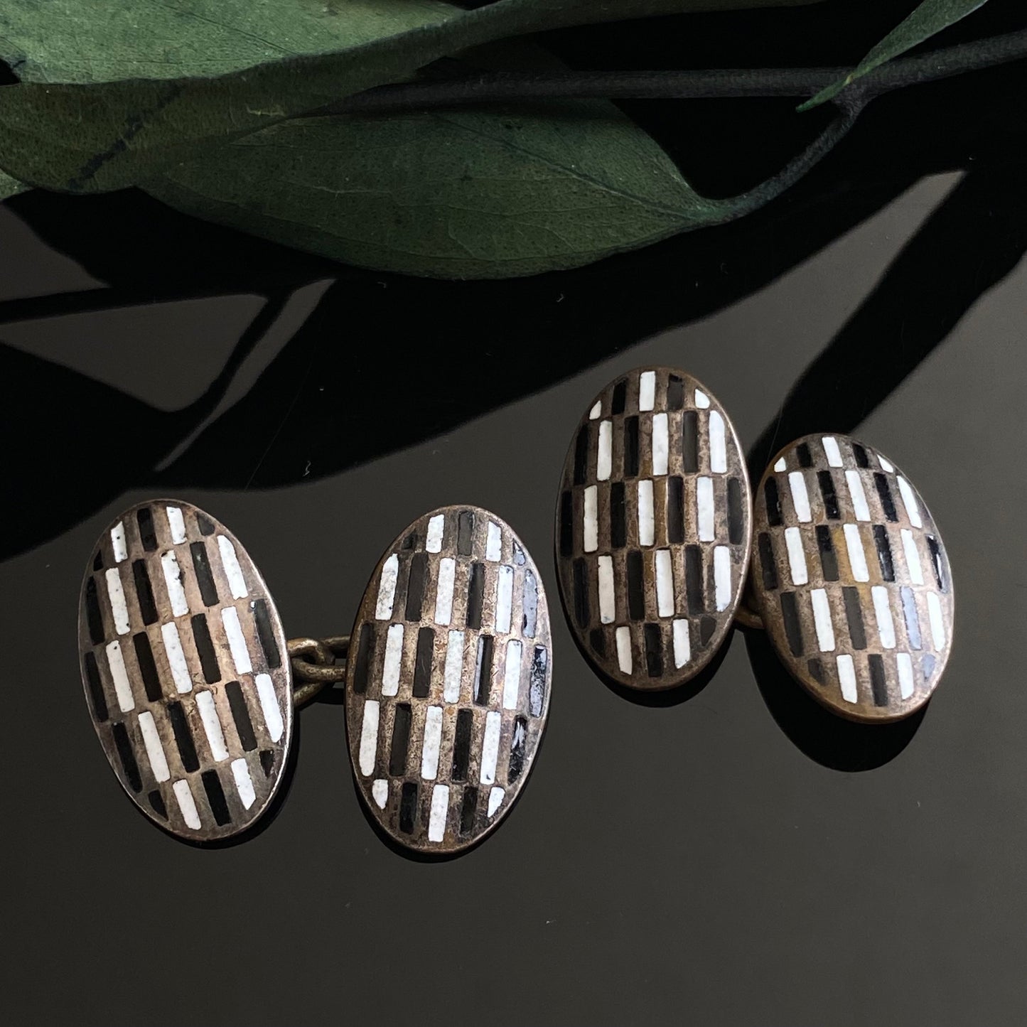 Antique Vintage Black White Checkerboard Enamel Cufflinks
