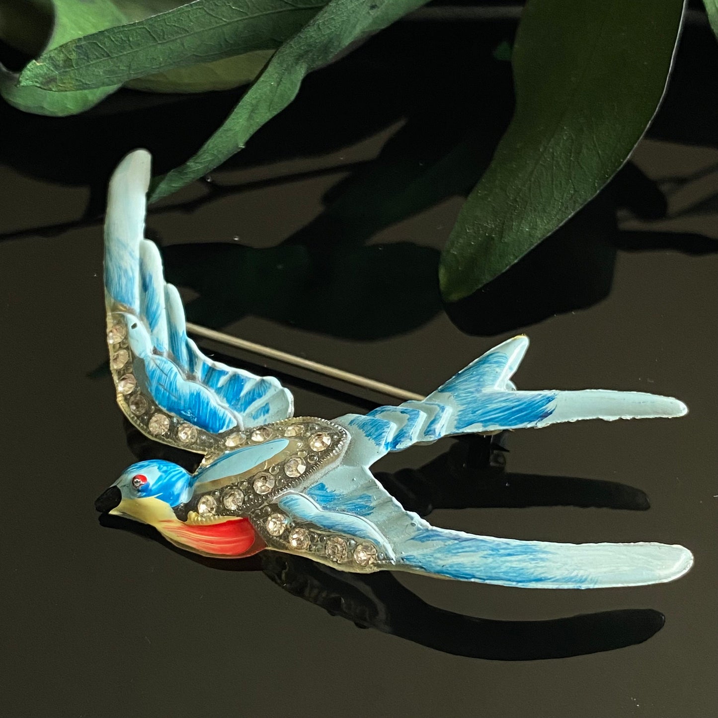 Vintage Celluloid Rhinestone Blue Bird Brooch