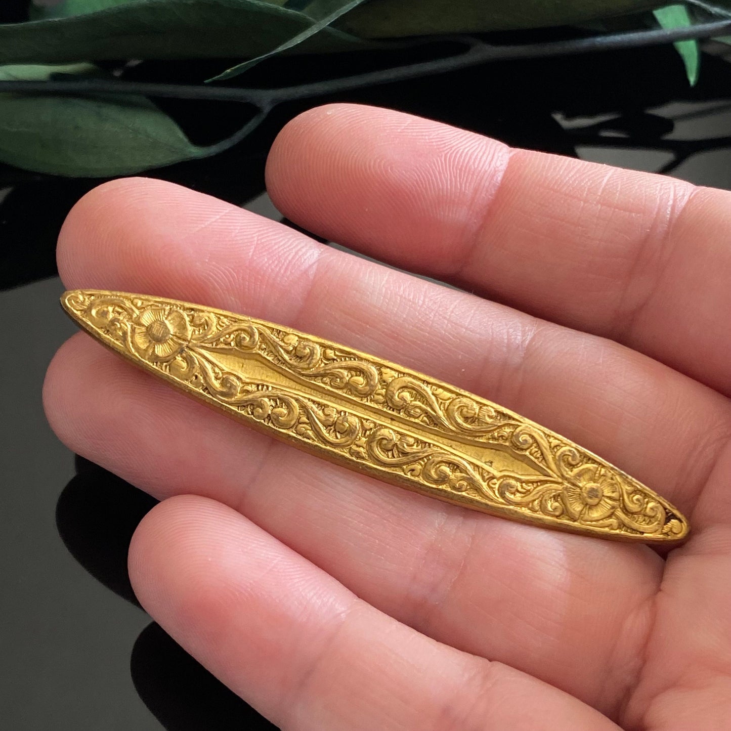 Antique Art Nouveau Gilt Flower Long Navette Pin Brooch