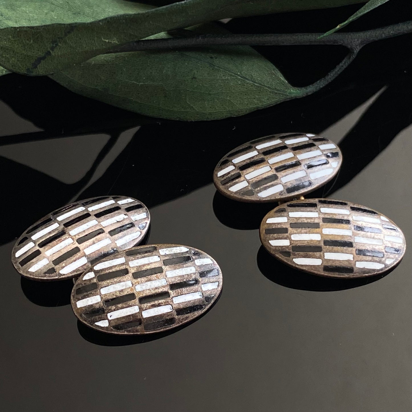 Antique Vintage Black White Checkerboard Enamel Cufflinks