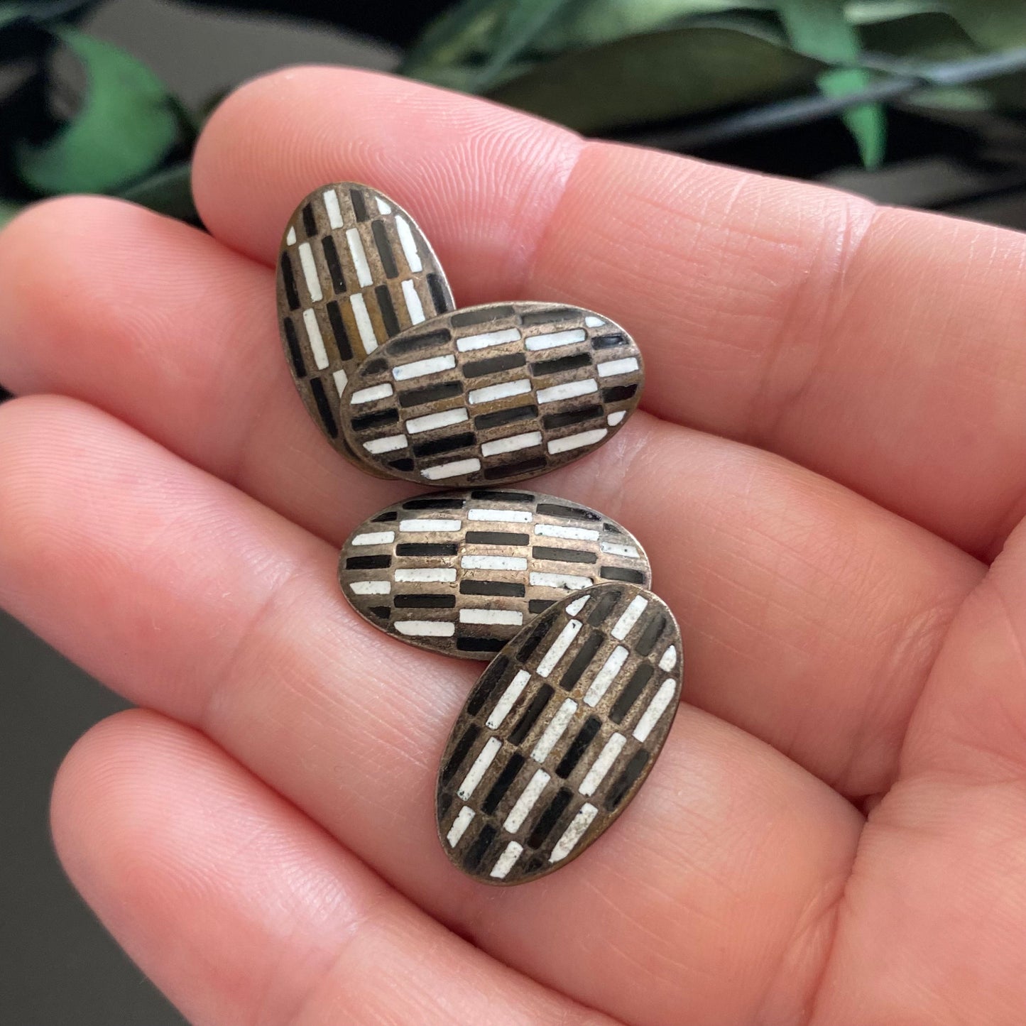 Antique Vintage Black White Checkerboard Enamel Cufflinks