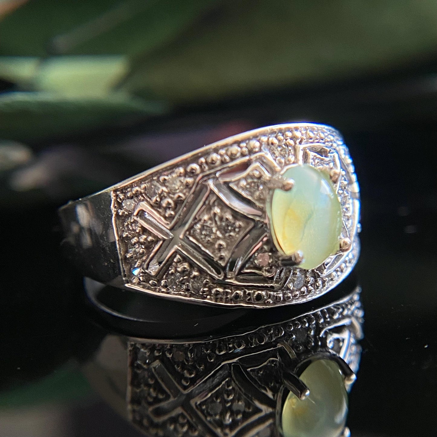 Estate 14k White Gold Cat's Eye Chrysoberyl Diamond Band Ring Size 8.75