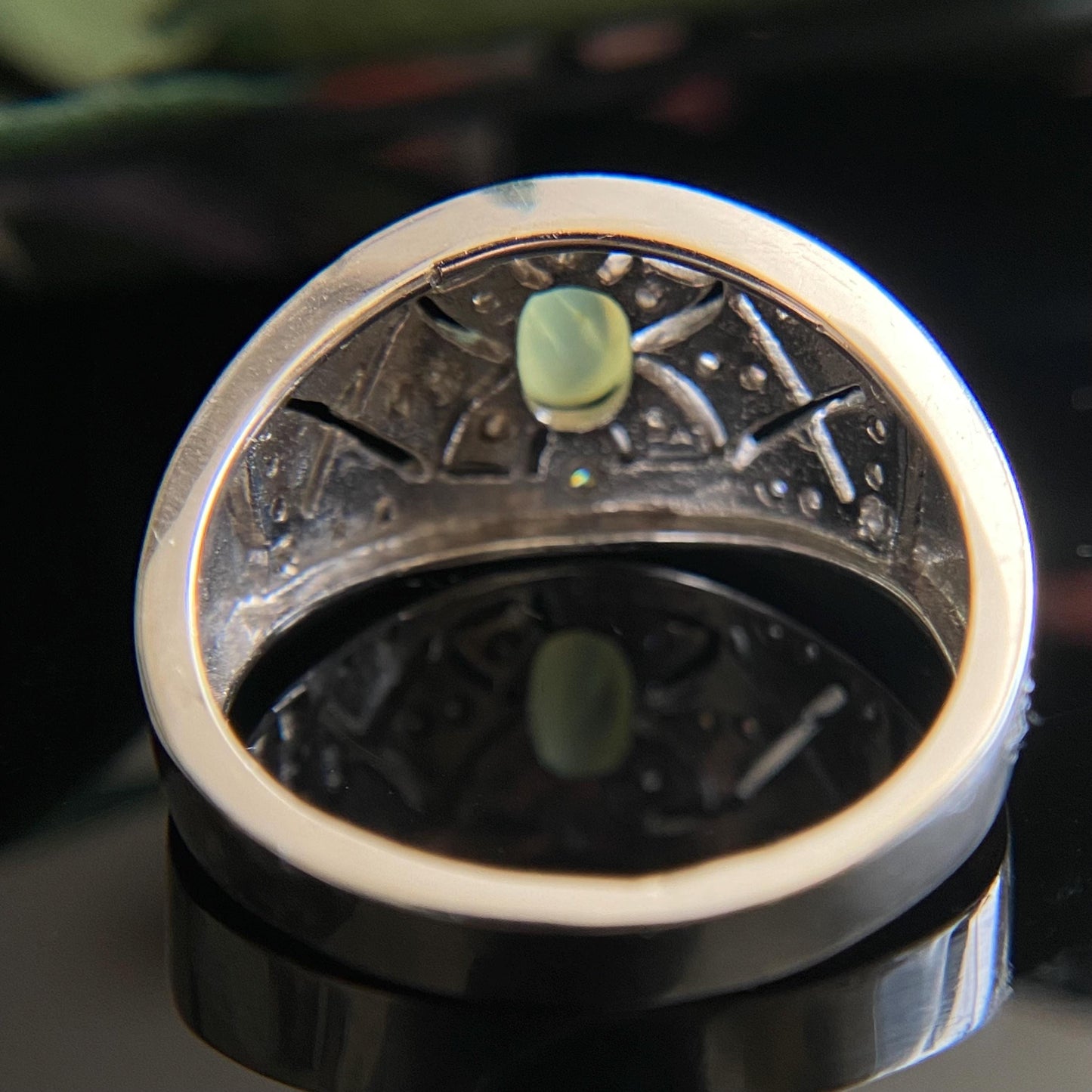 Estate 14k White Gold Cat's Eye Chrysoberyl Diamond Band Ring Size 8.75