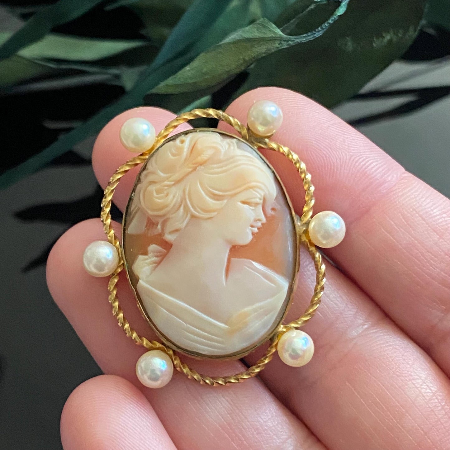 Vintage Gold Filled Shell Cameo Pearl Accent Brooch Pendant