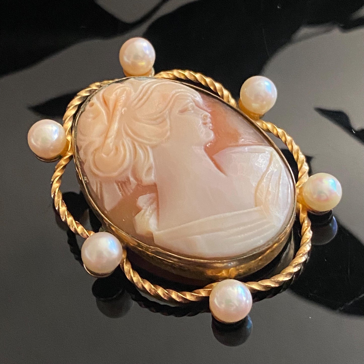 Vintage Gold Filled Shell Cameo Pearl Accent Brooch Pendant