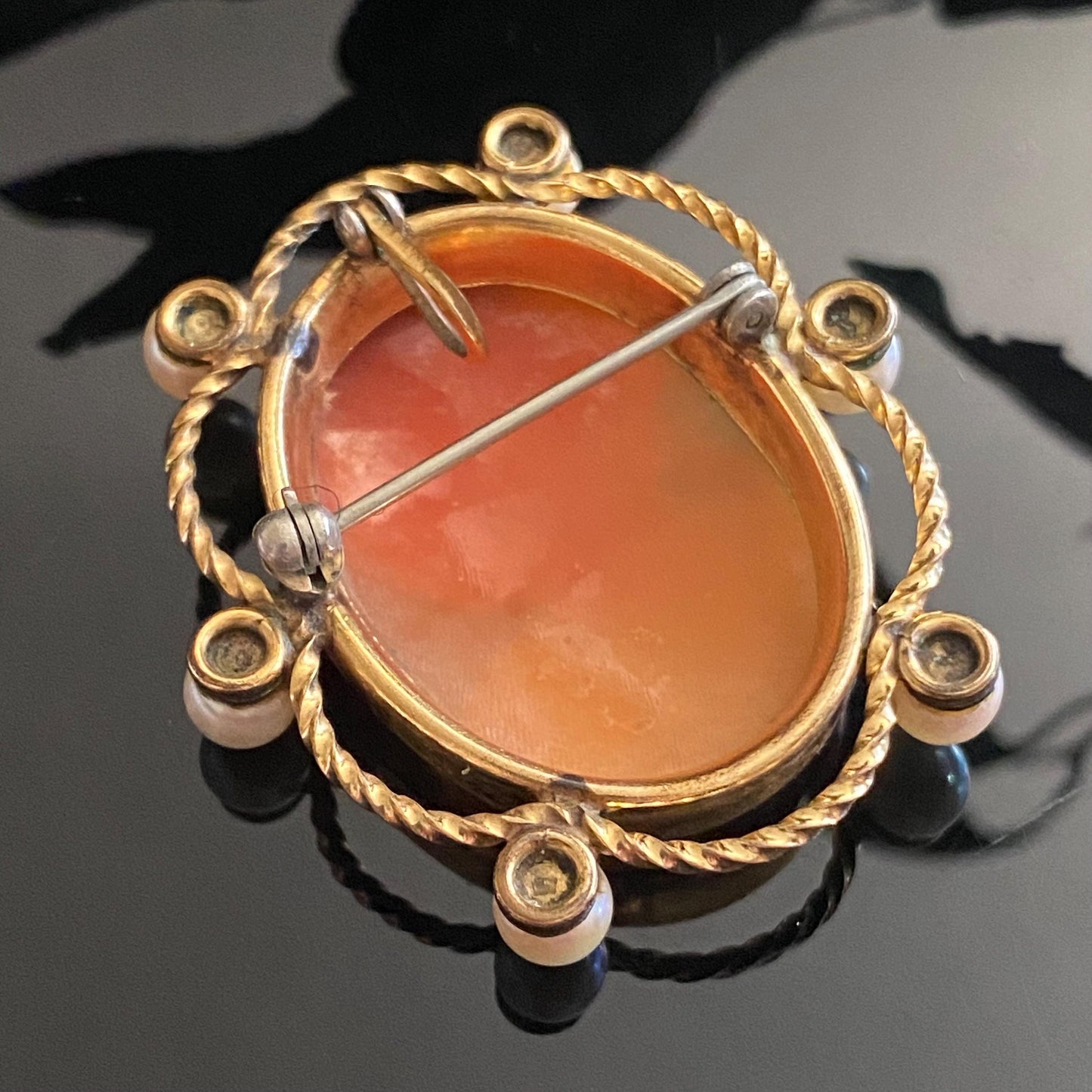 Vintage Gold Filled Shell Cameo Pearl Accent Brooch Pendant