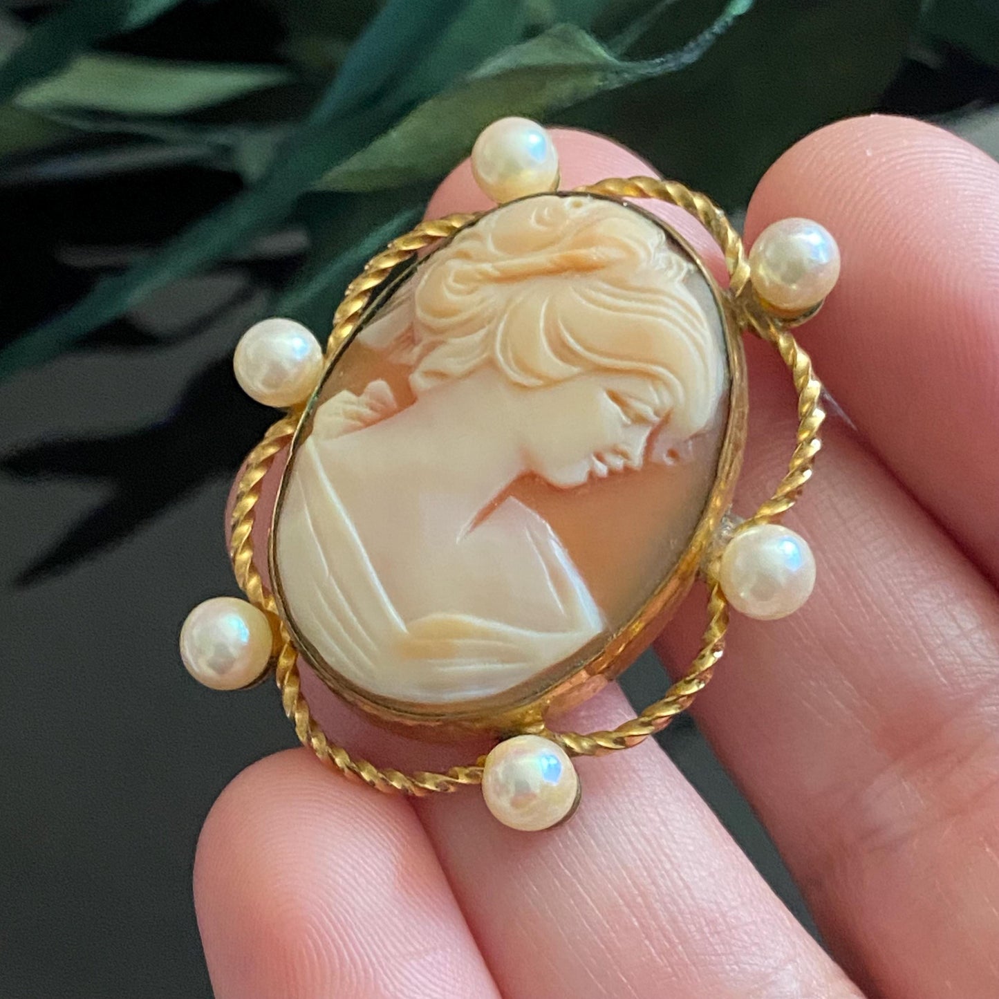 Vintage Gold Filled Shell Cameo Pearl Accent Brooch Pendant