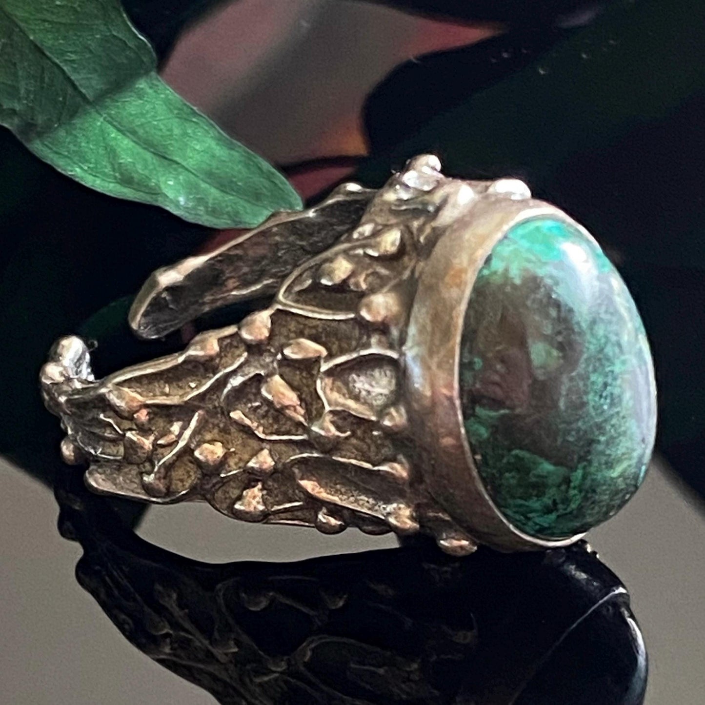 Vintage Brutalist 925 Sterling Silver High Profile Chrysocolla Ring Adjustable